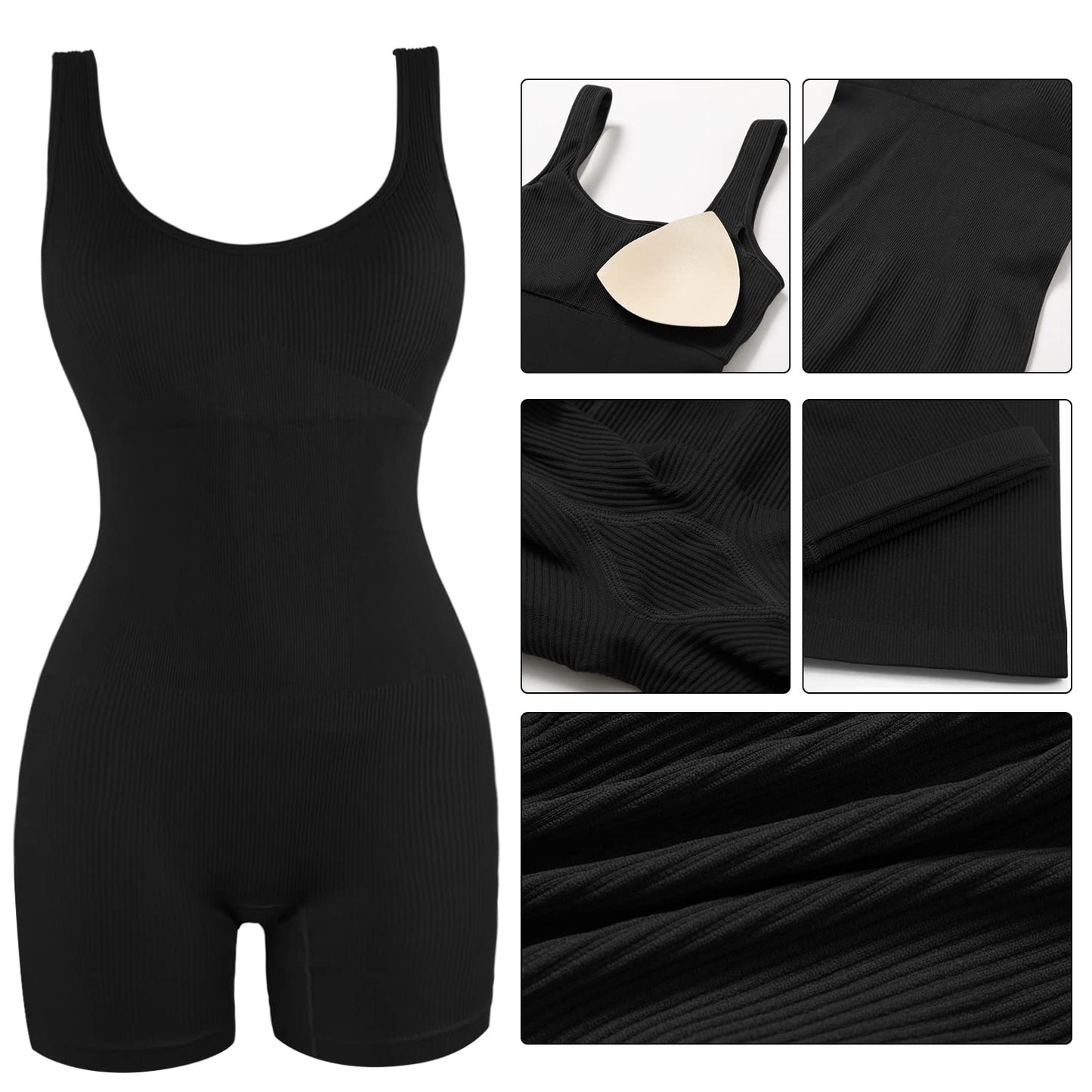 Minimalist Black Ribbed, Sleeveless Women's Yoga Shorts Jumpsuit