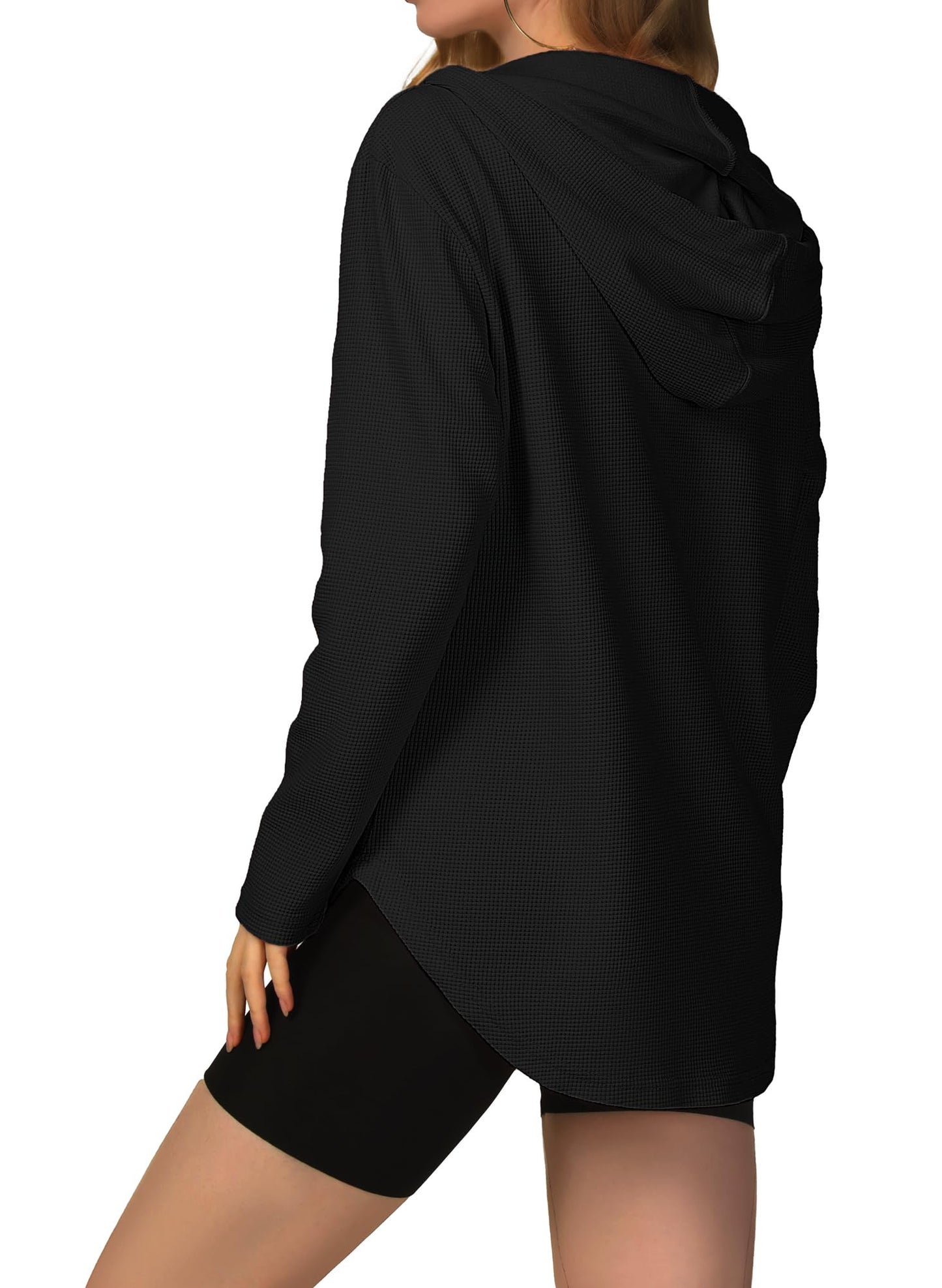 Minimalist Black Women's V Neck, Waffle Weave, Long Sleeve Pullover
