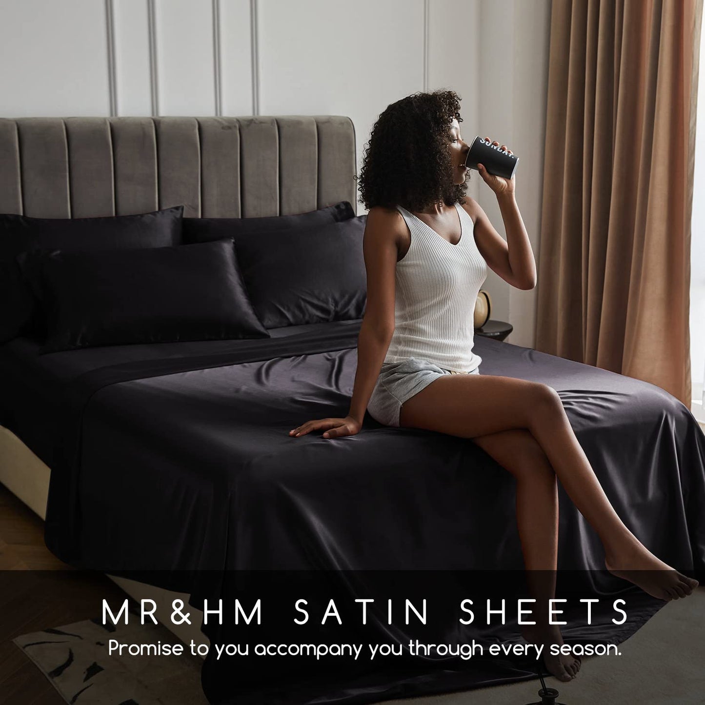 Minimalist Black Premium Satin Bed Sheets, 4 Pc set w/15" Deep Pocket, King size