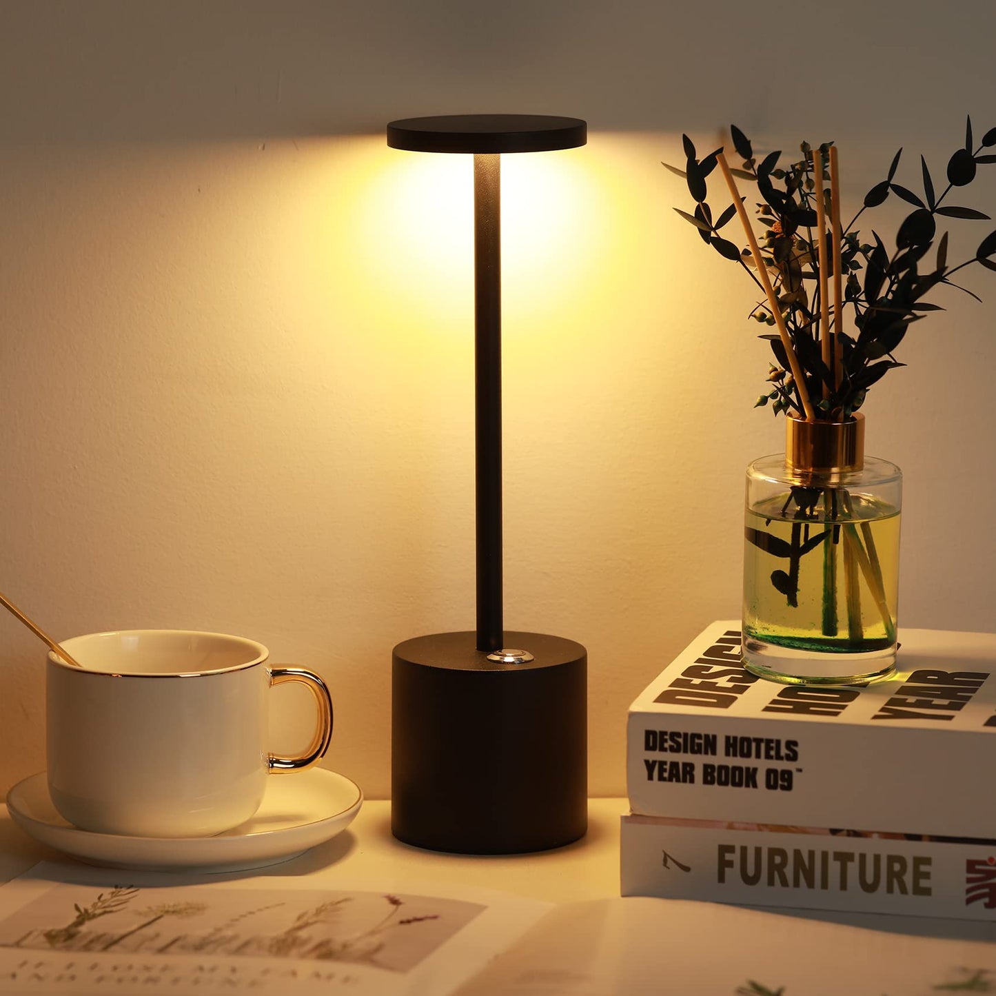 Minimalist Black Cordless Table Lamp with 3 Brightness Levels for Bedroom, Bathroom, Living Room, Office, Patio