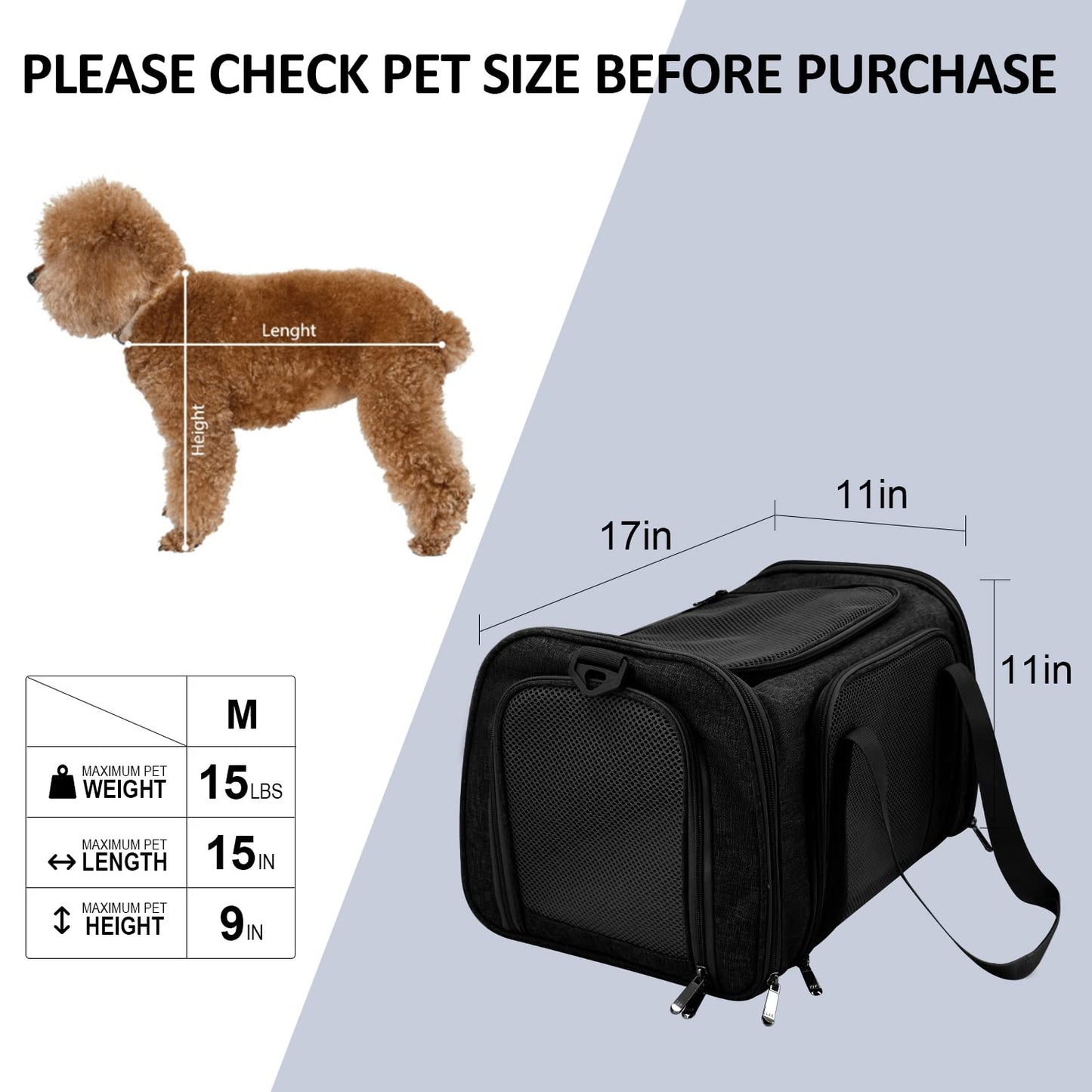 Minimalist Black Pet Carrier for Small, Medium Pets up to 15 Lbs, TSA Airline Approved