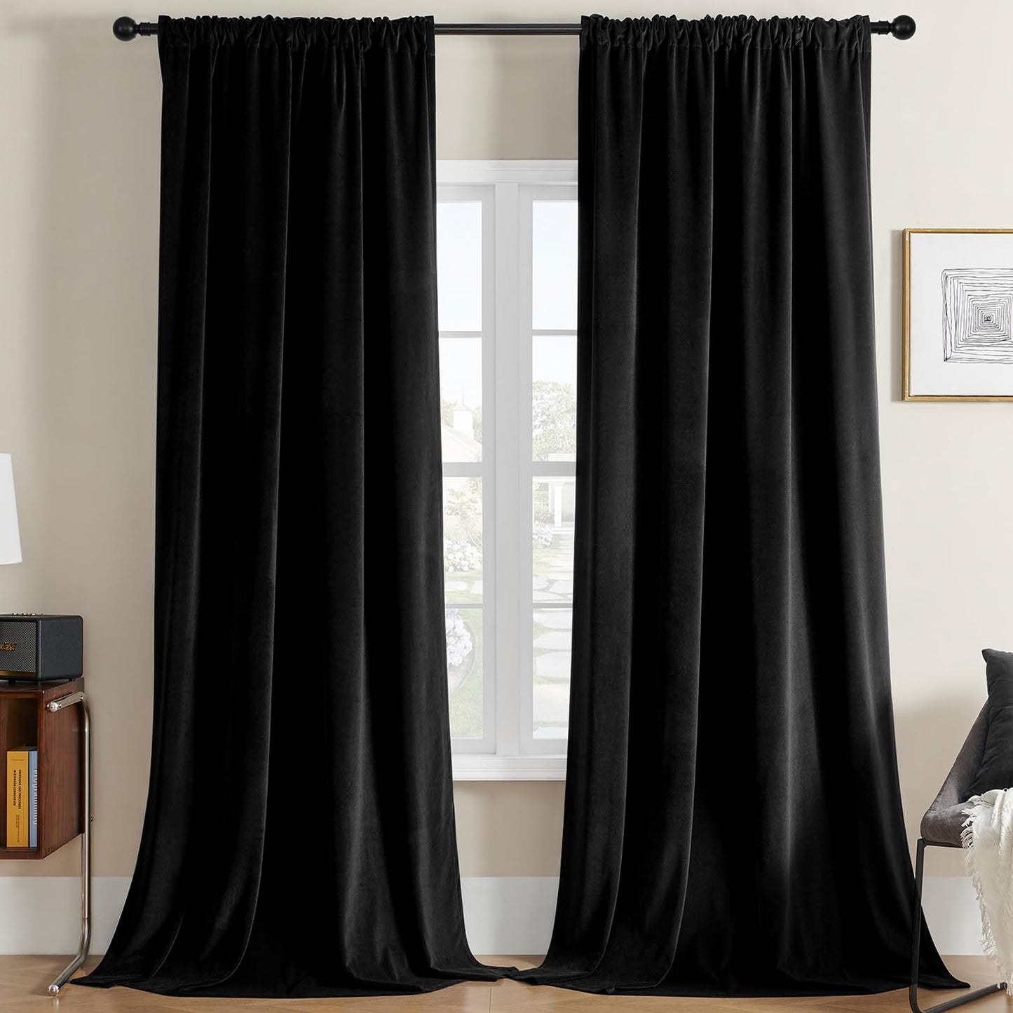 Minimalist Black Velvet Curtains, 90" Length
