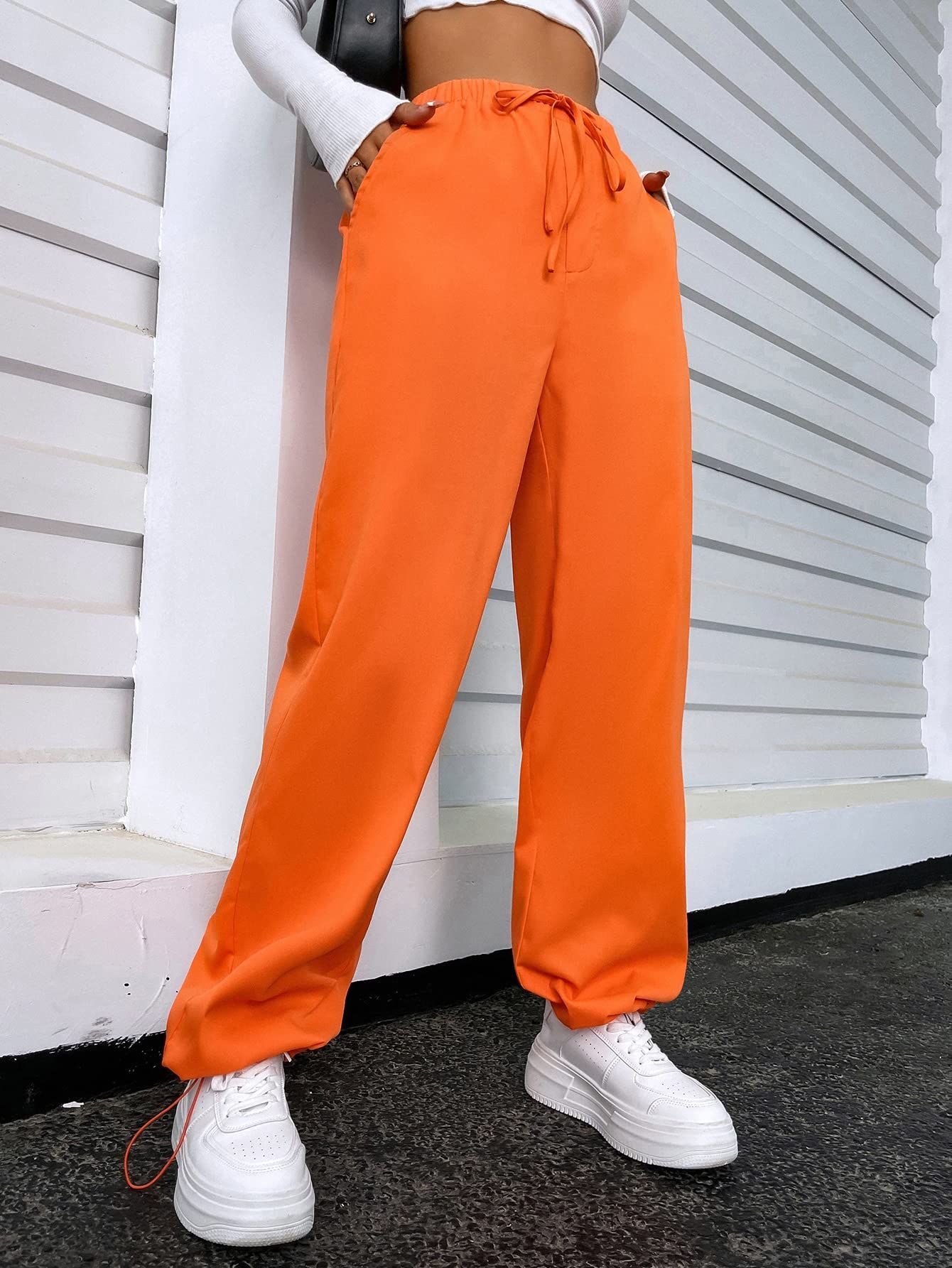 Minimalist Orange Casual Tie Front Elastic High Waisted Women's Cargo Pants, Trousers