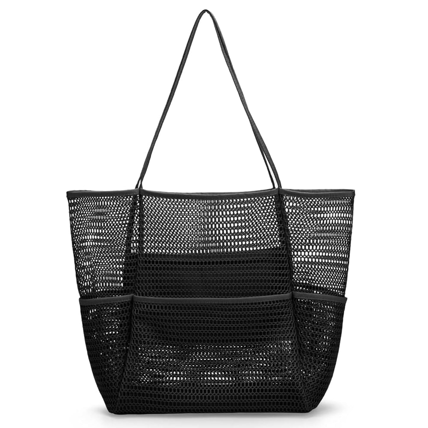 Minimalist Black Mesh Foldable Beach Tote Bag w/Zipper Pocket