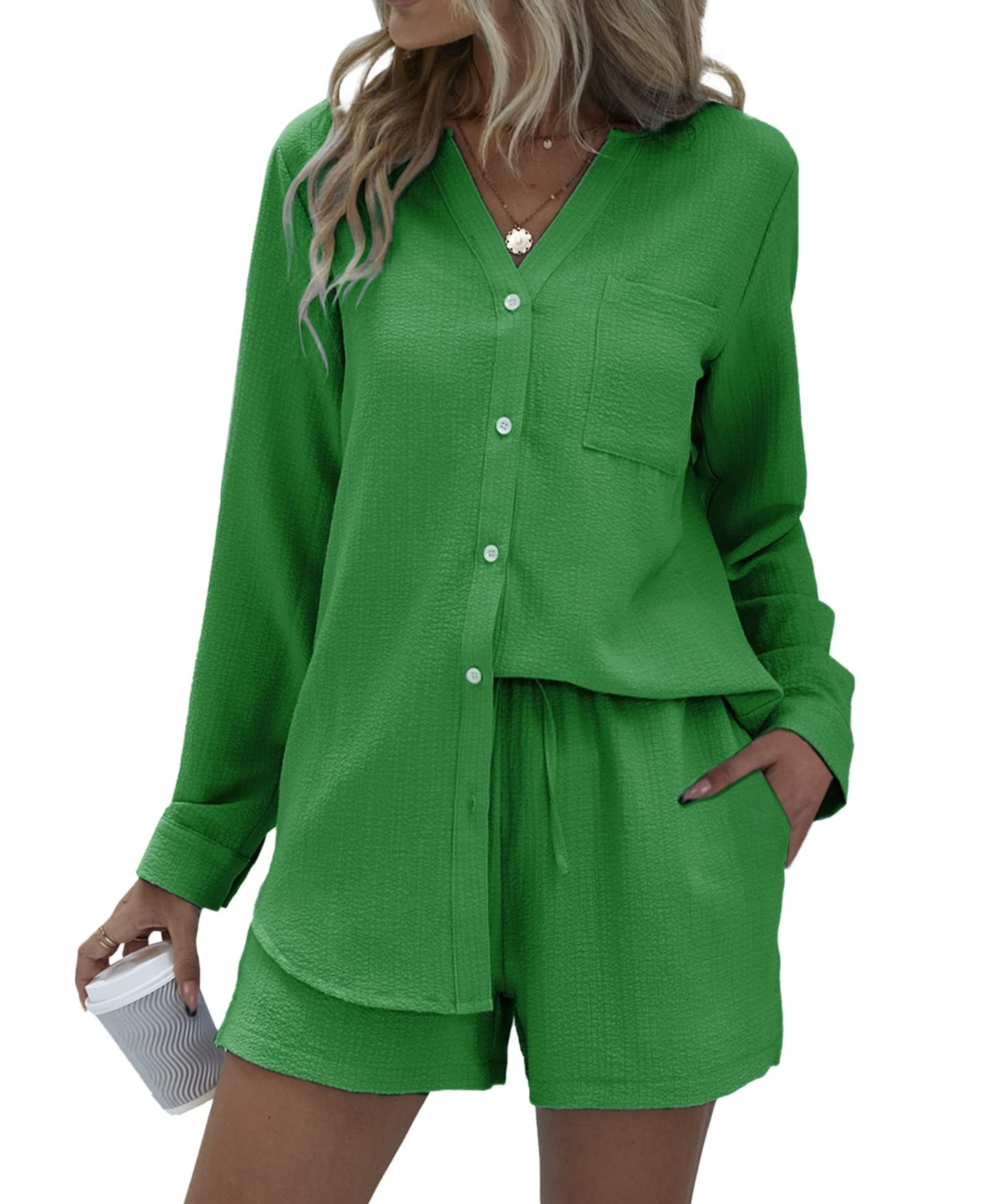 Minimalist Green Long Sleeve Top With Pockets, Shorts 2 Piece Lounge Set