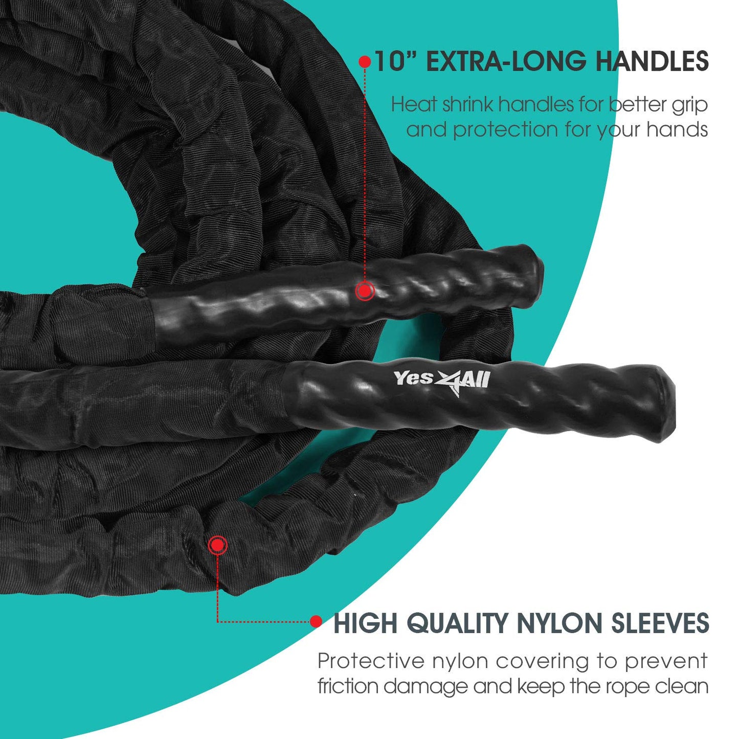 Yes4All Battle Exercise Training Rope with Protective Cover – Steel Anchor & Strap Included - 1.5/2 Inch Diameter Poly Dacron 30, 40, 50 Ft Length (1.5in - 40ft)