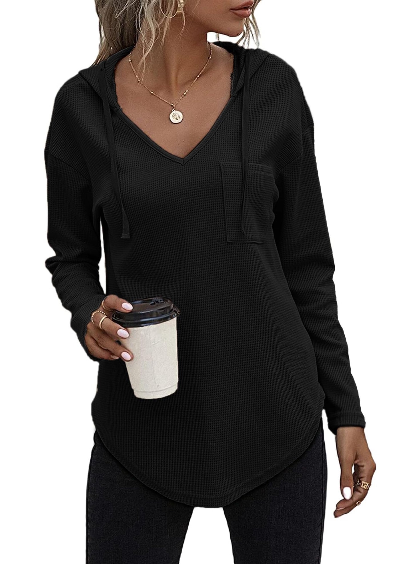 Minimalist Black Women's V Neck, Waffle Weave, Long Sleeve Pullover
