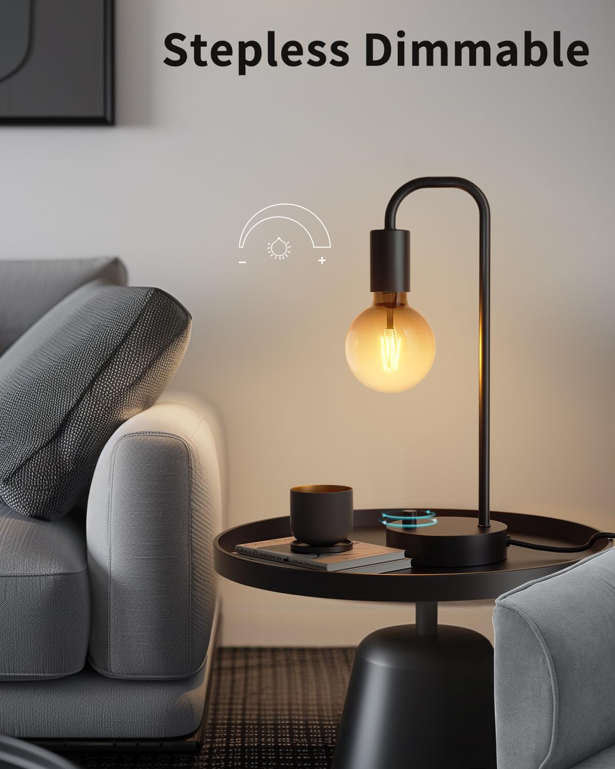 Minimalist Black Industrial Dimmable Table Lamp with Gradient Black Art LED Bulb, Set of 2