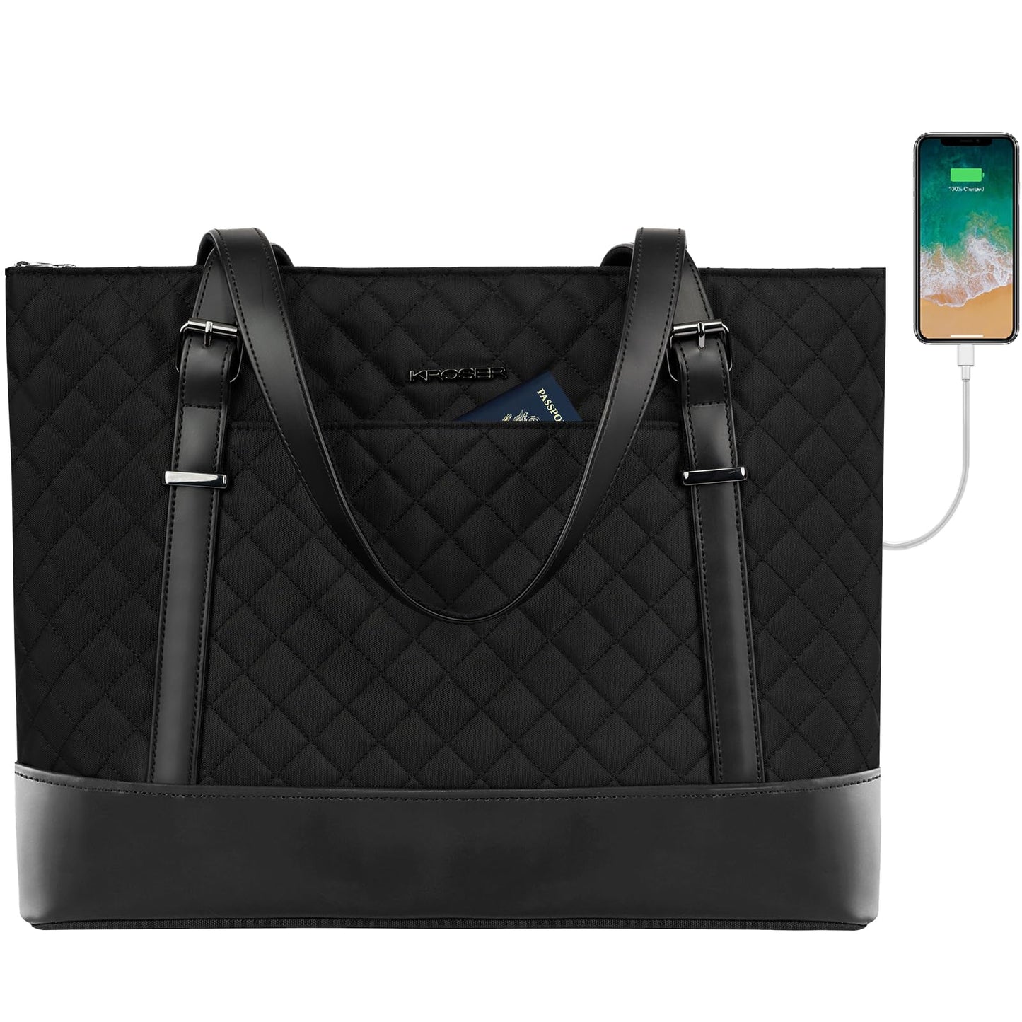 Minimalist Black Laptop Tote Bag with USB Port