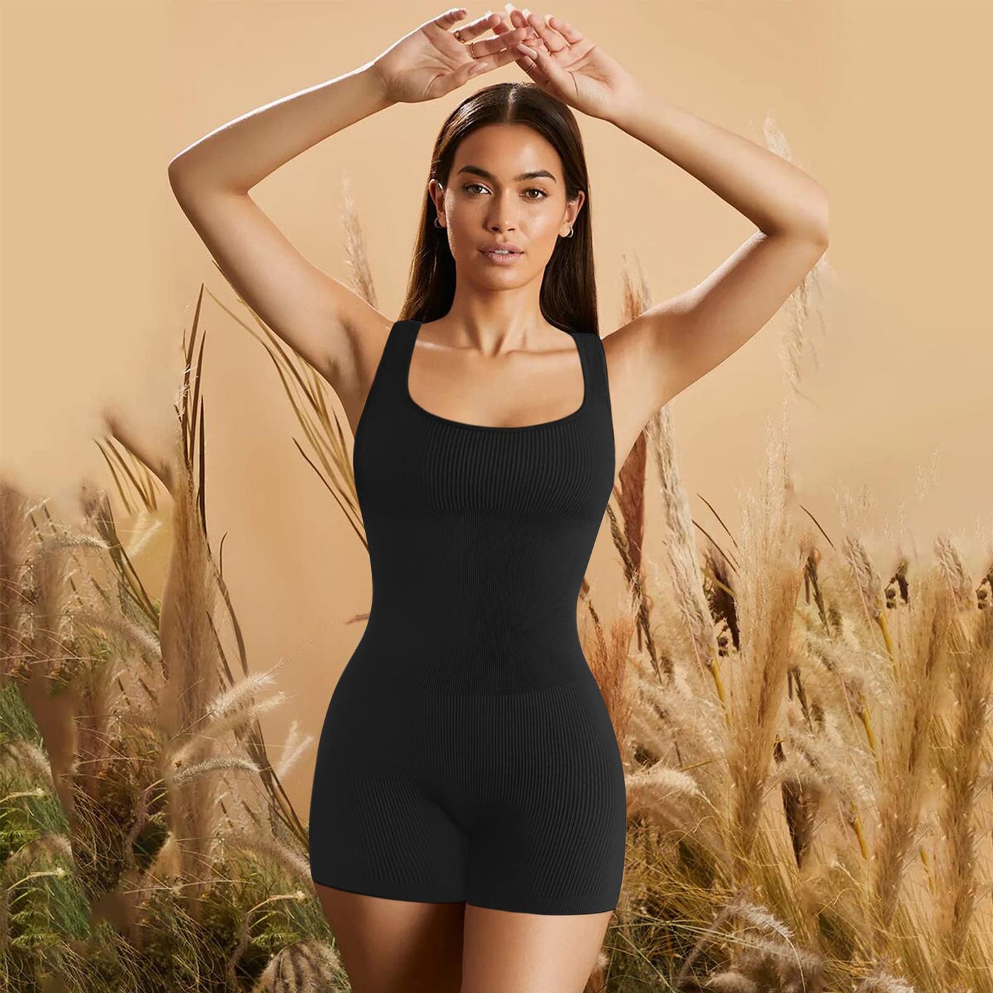 Minimalist Black Ribbed, Sleeveless Women's Yoga Shorts Jumpsuit