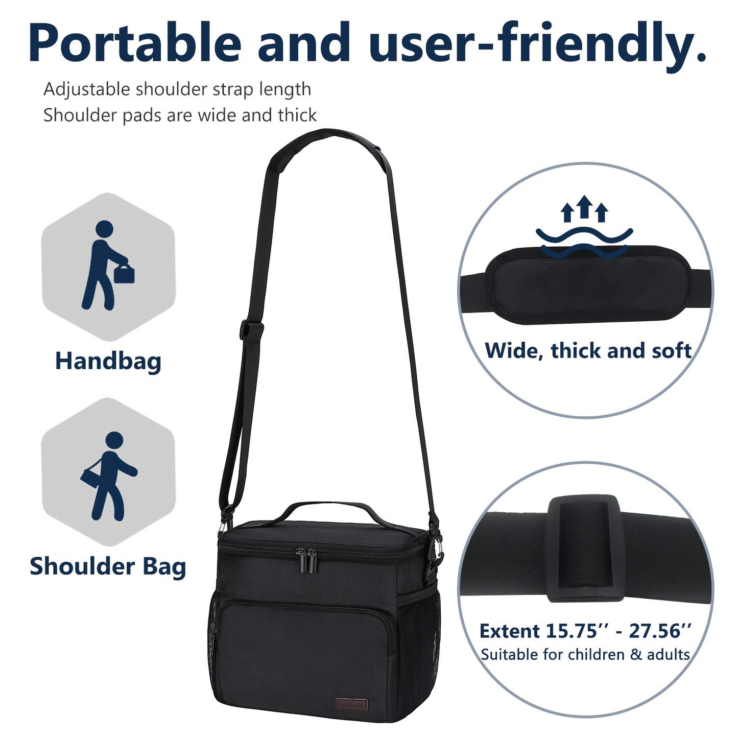 Gloppie Lunch Bag for Men (10L) Lunch Box Bag Women Leakproof Lunch Cooler Bag Black Reusable Lunchbag Insulated Bag for Bento Box Kids Lunch Box Meal Prep Containers Insulation Bag, Classic Black