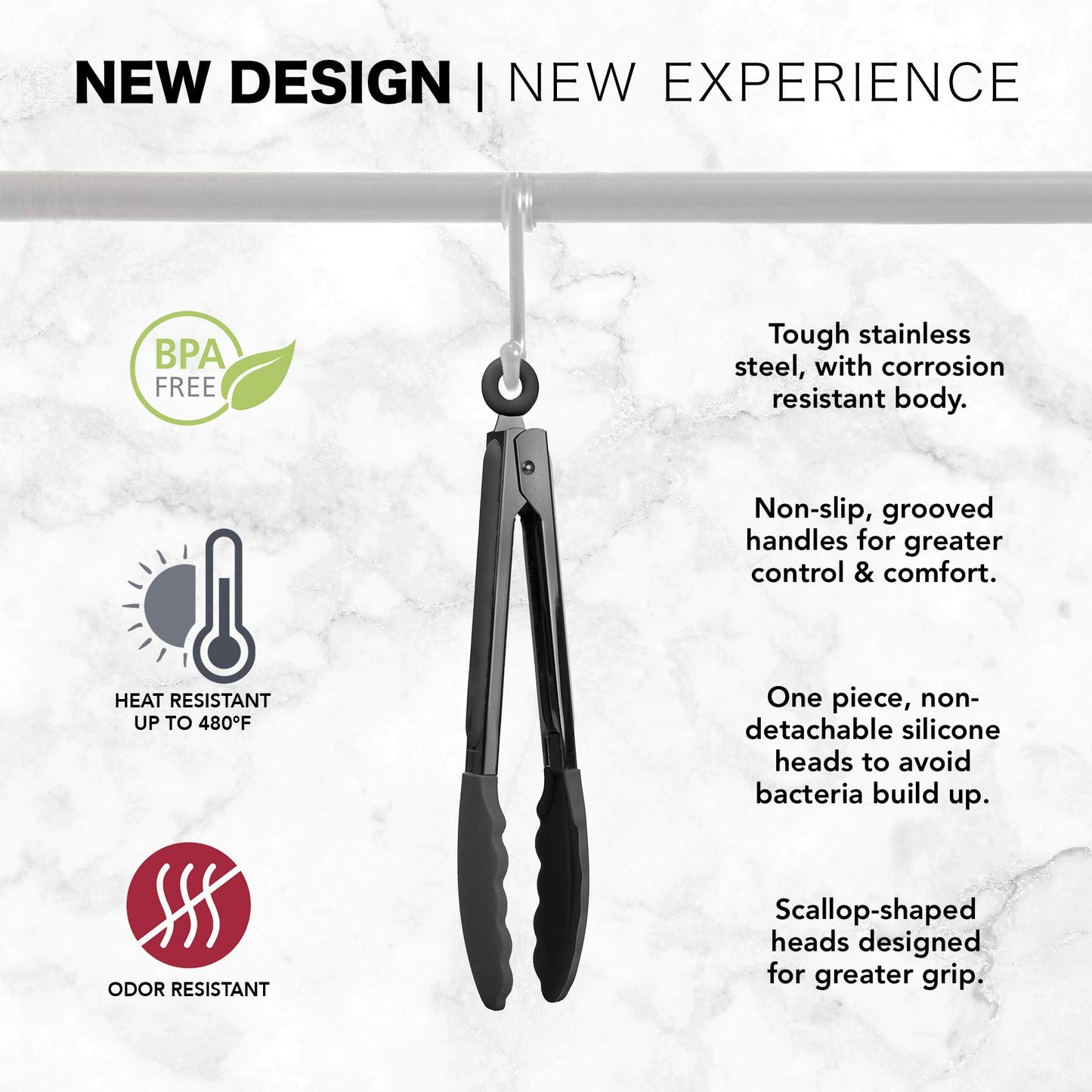 Minimalist Black Stainless Steel Silicone Tipped Tongs Set, 10”, 13”