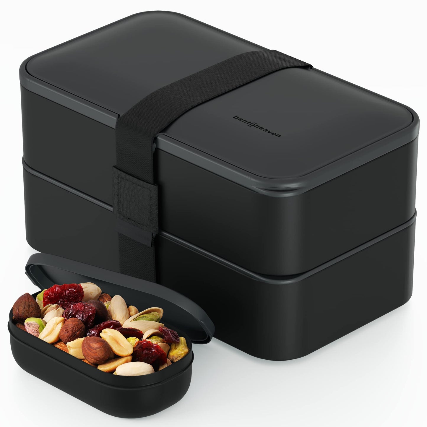 Minimalist Black Premium Bento Box w/2 Compartments (40oz), Cutlery, Chopsticks, Dip Container
