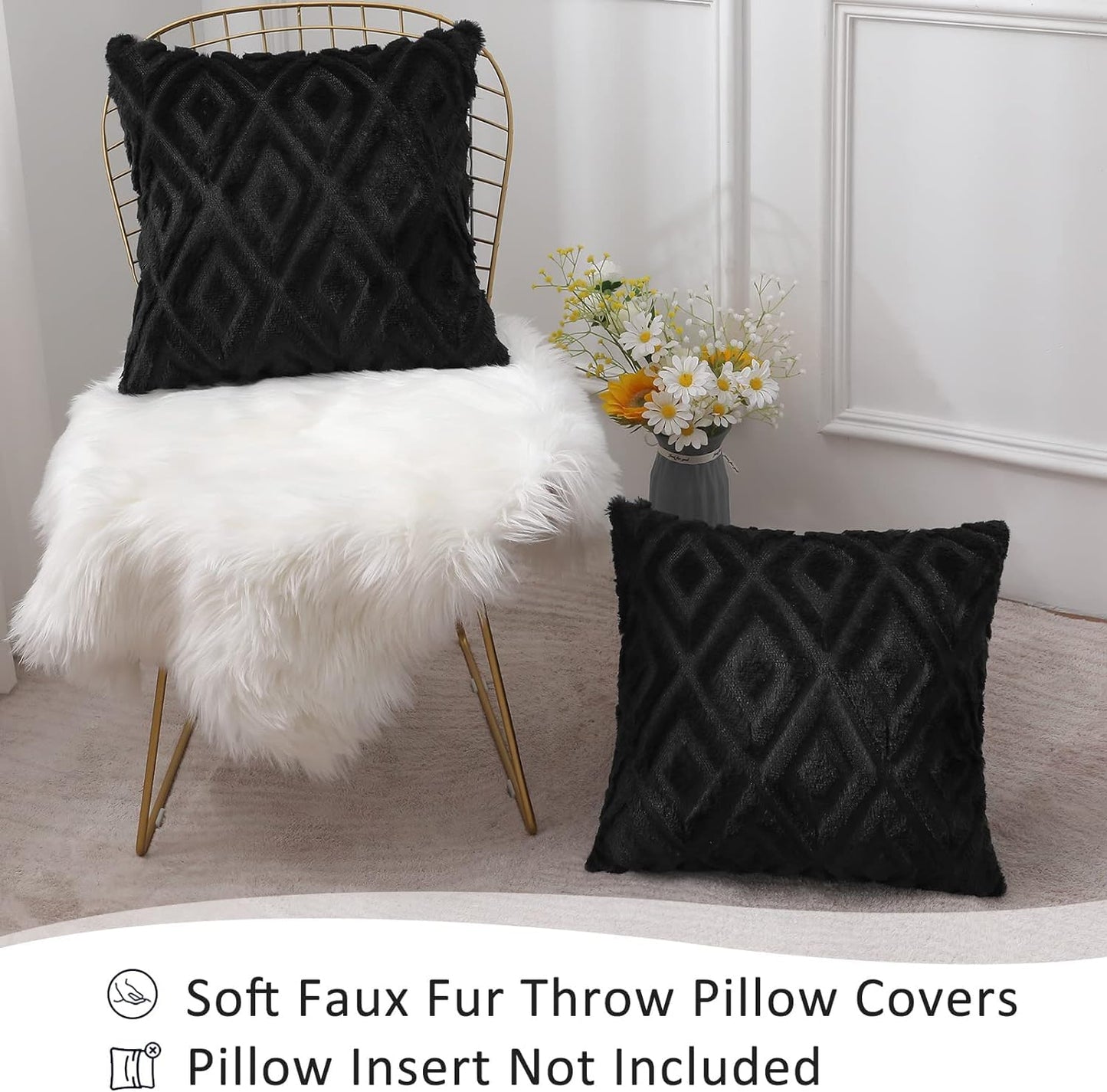 Minimalist Black Plush Faux Fur + Velvet Throw Pillow Covers 18" x 18", 2pcs