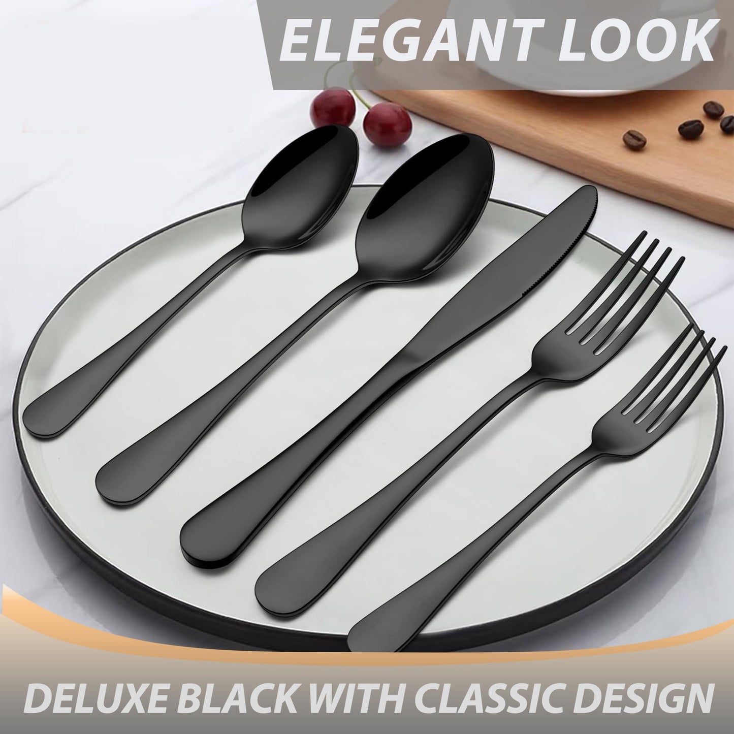 Minimalist Black 48-Piece Silverware Set with 8 Steak Knives