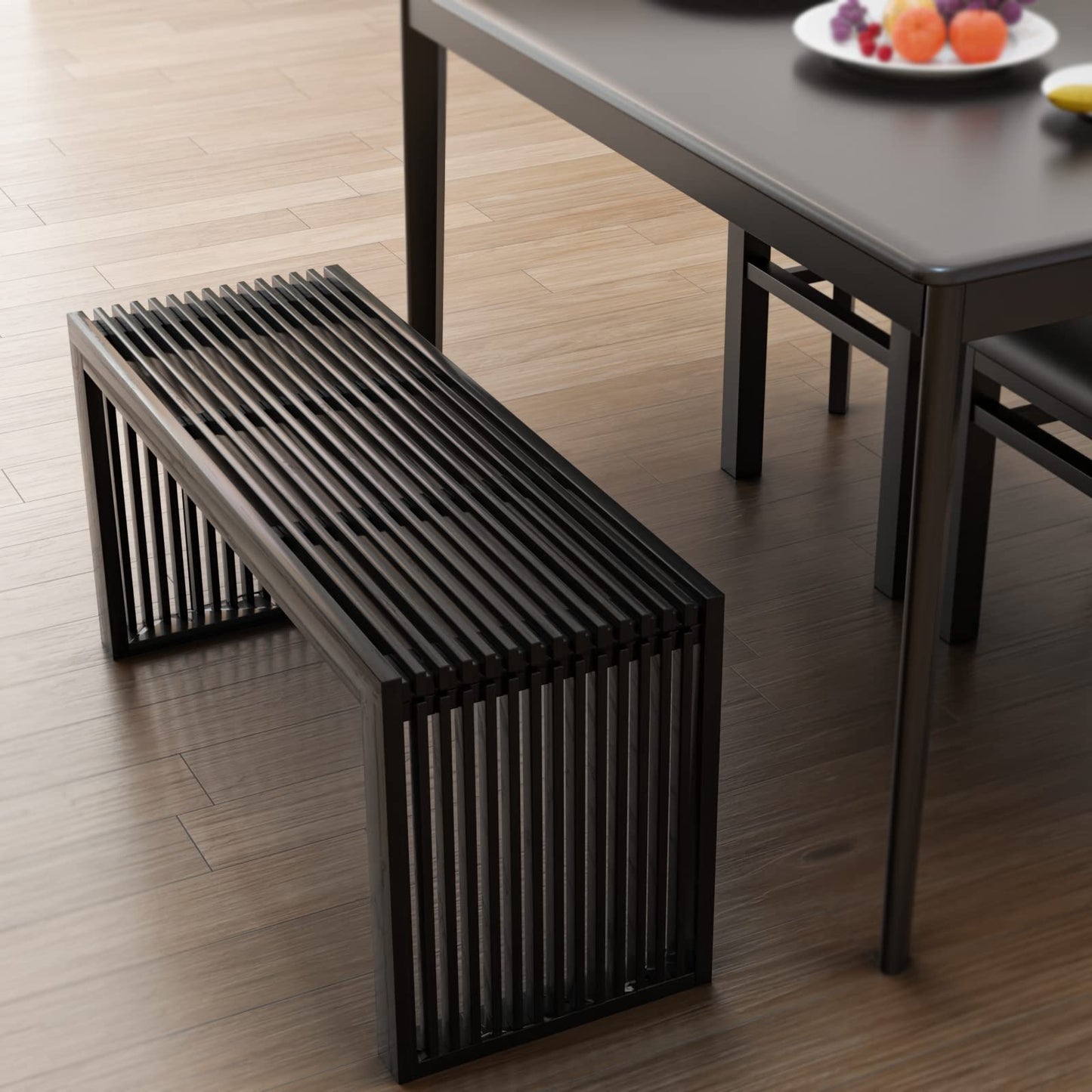 Minimalist Black Bamboo Bench: Sustainable Design with Grille-Inspired Details