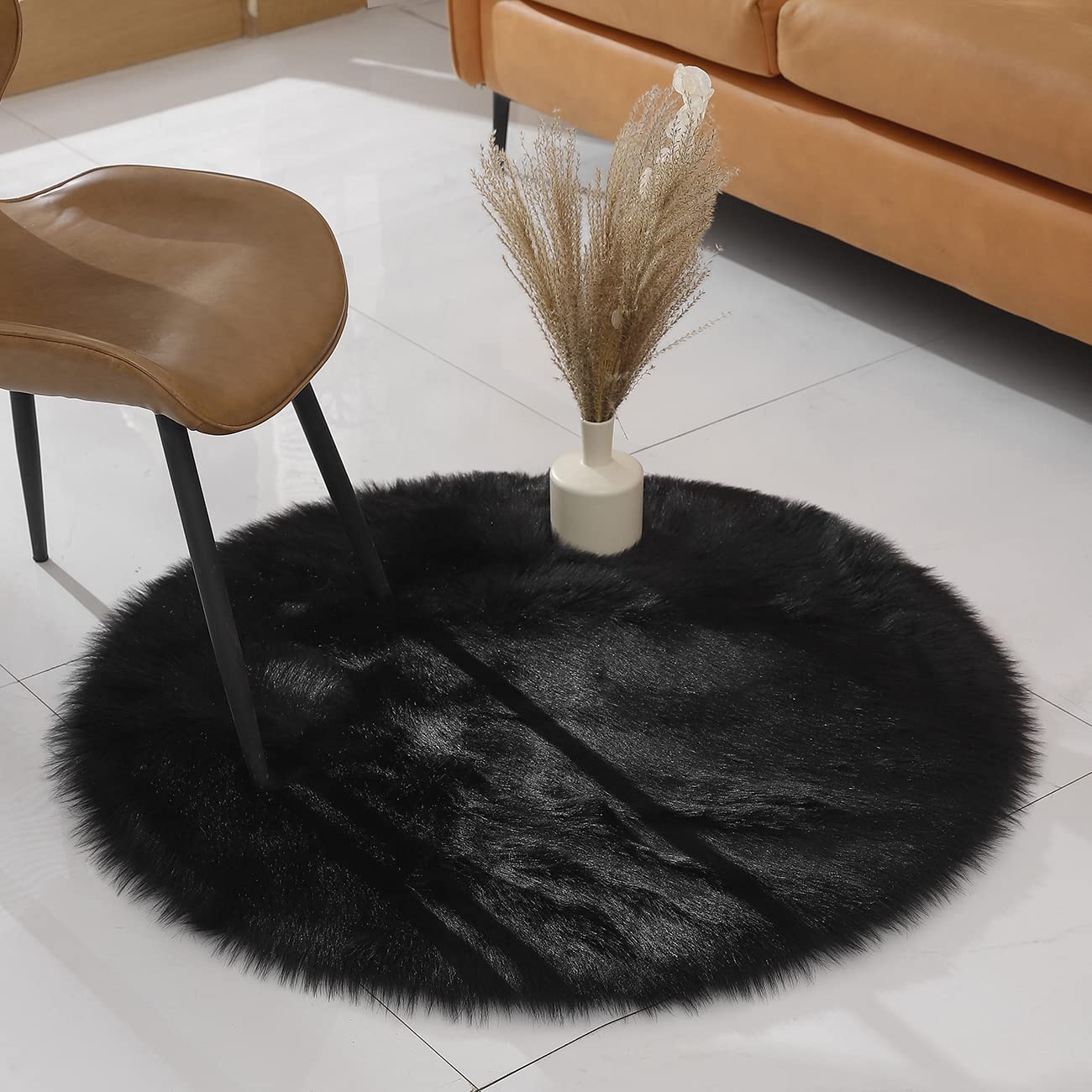 Minimalist Black Fluffy Faux Sheepskin Rug, 3'x3' Round