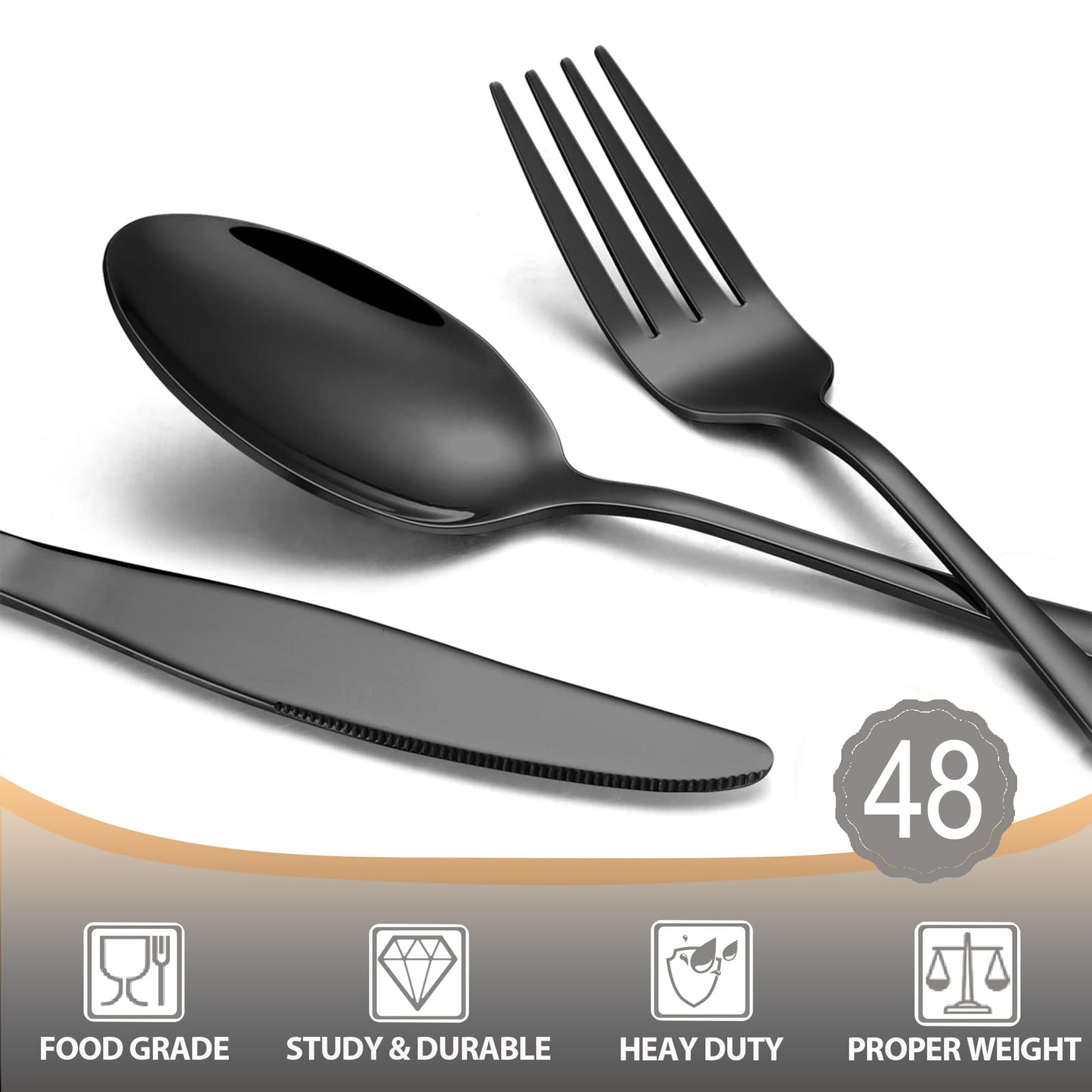 Minimalist Black 48-Piece Silverware Set with 8 Steak Knives