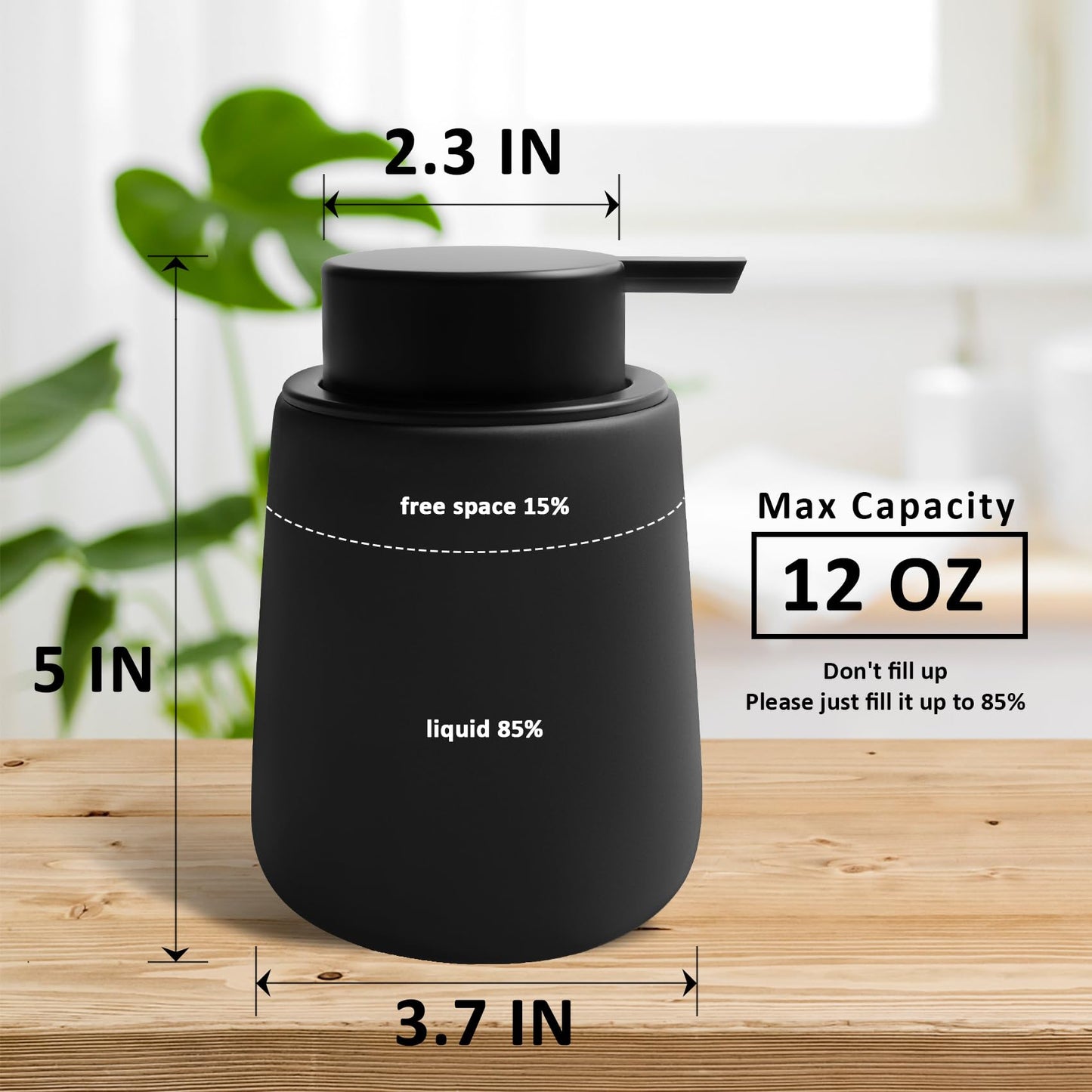 Minimalist Black Ceramic Liquid Dispenser with Easy-to-Press Pump, 12 oz