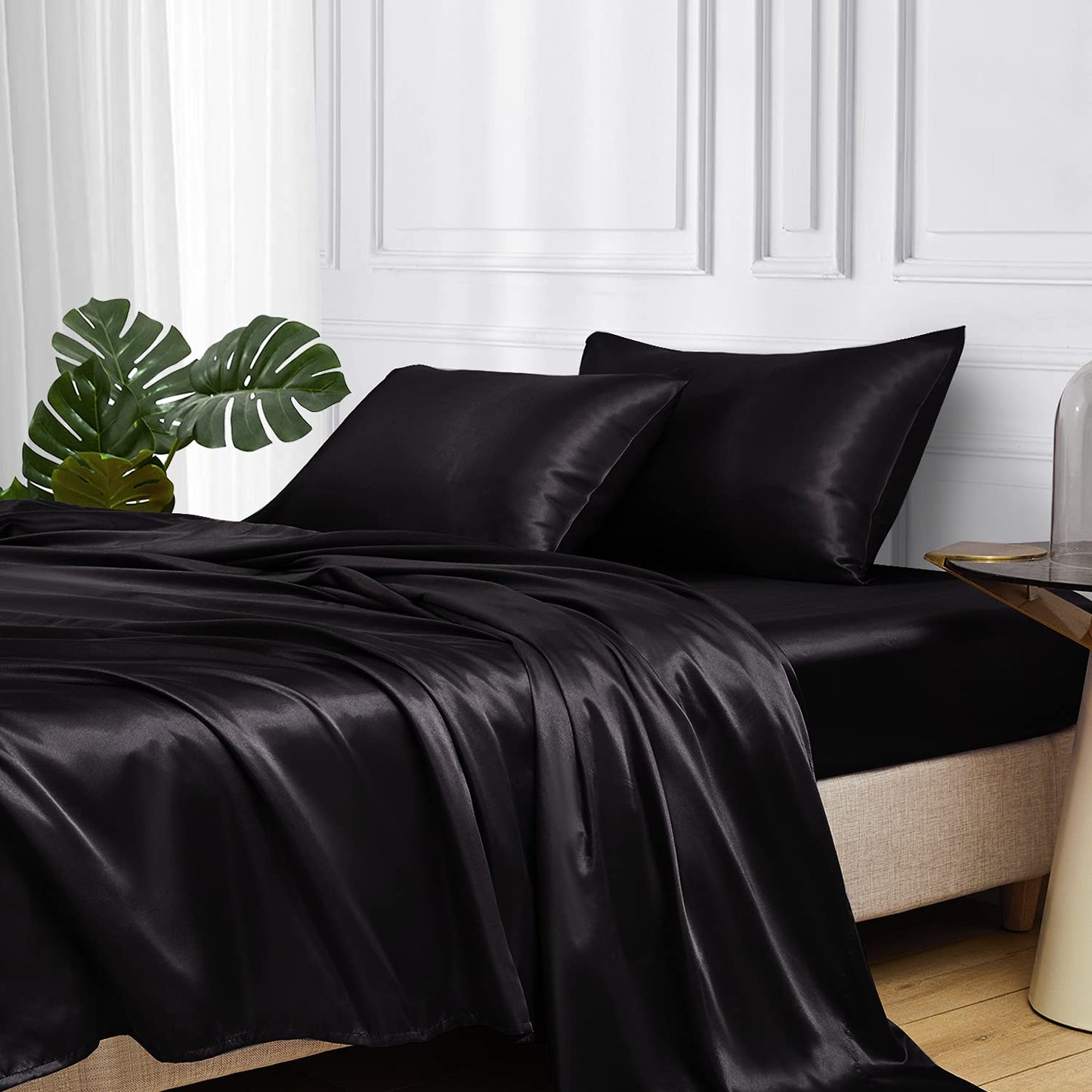 Minimalist Black Premium Satin Bed Sheets, 4 Pc set w/15" Deep Pocket, King size