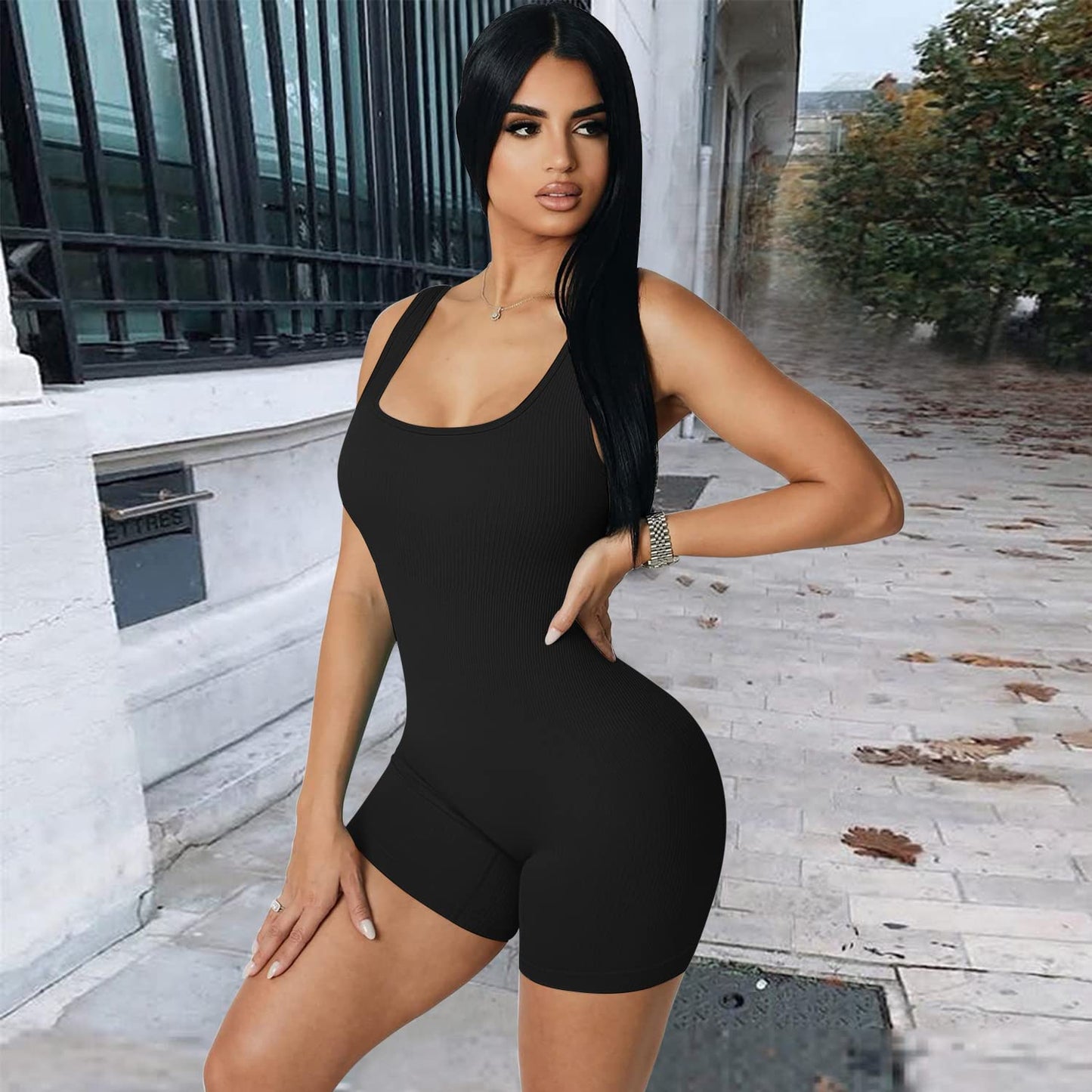 Minimalist Black Ribbed, Sleeveless Women's Yoga Shorts Jumpsuit