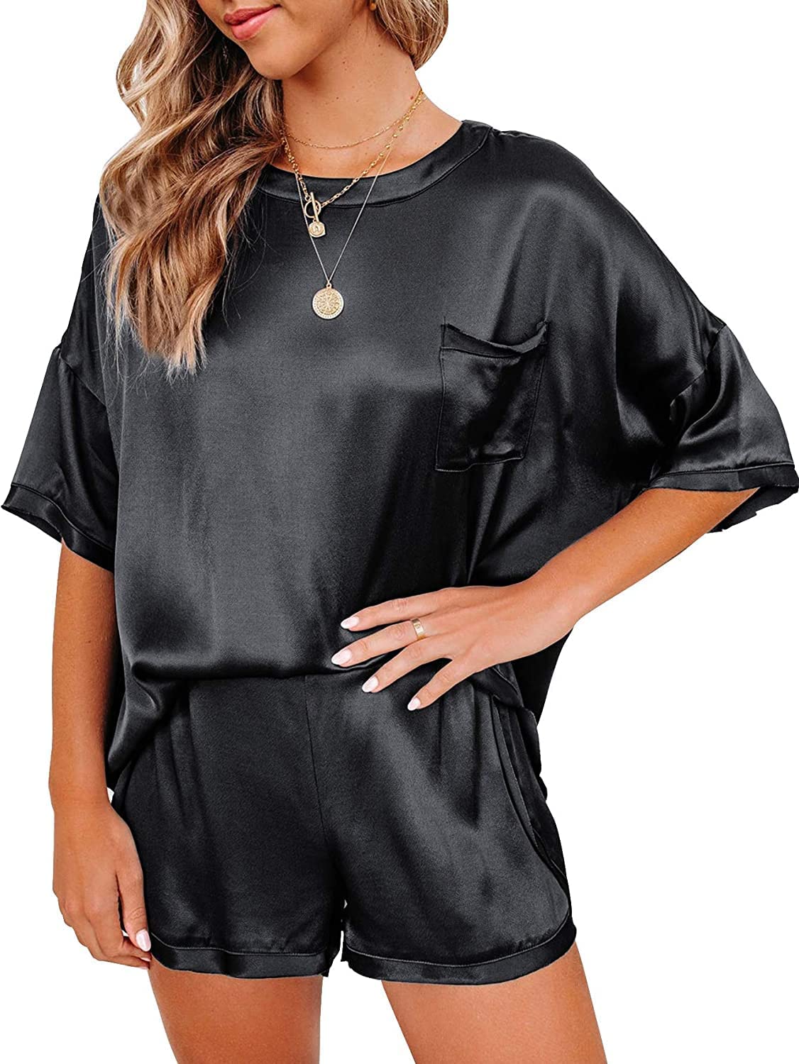 Minimalist Black Satin Women's Pyjama, Loungewear Short Sleeve and Shorts, 2 Piece Set
