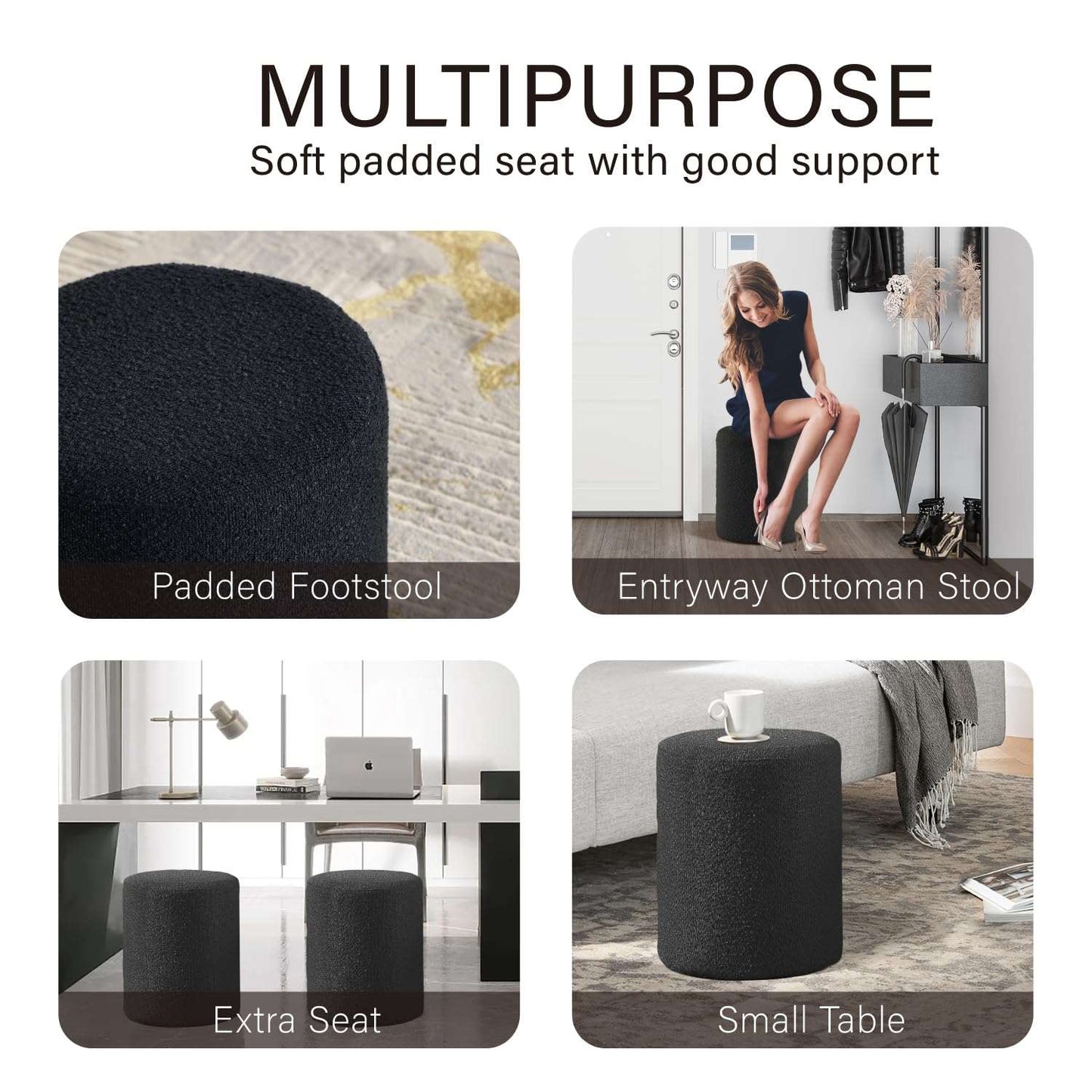 Minimalist Black Modern Round Upholstered Ottoman with Soft Padded Seat, Multifunctional Vanity Chair, Footrest, Stool, Ottoman Foot Stool for Living Room, Bedroom, Bathroom