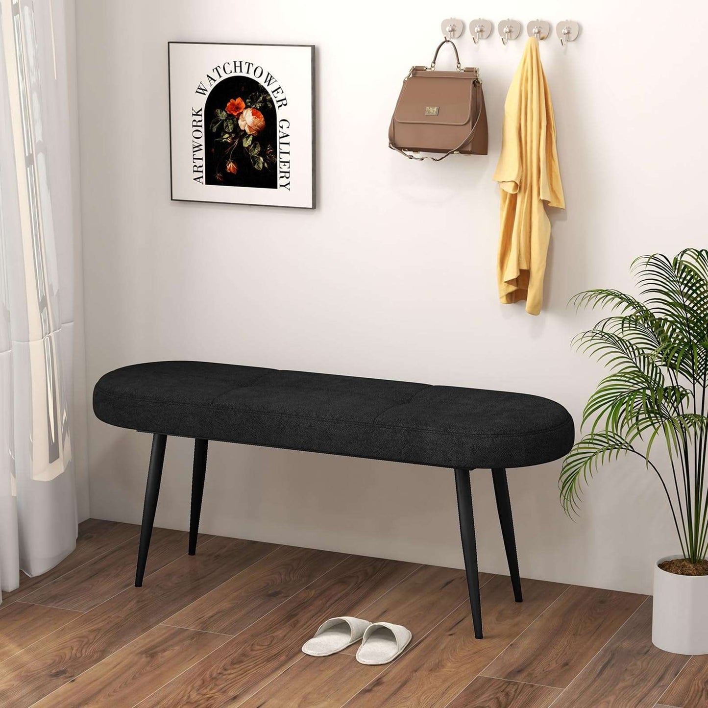 Minimalist Black 47" Upholstered Bench w/Metal Legs