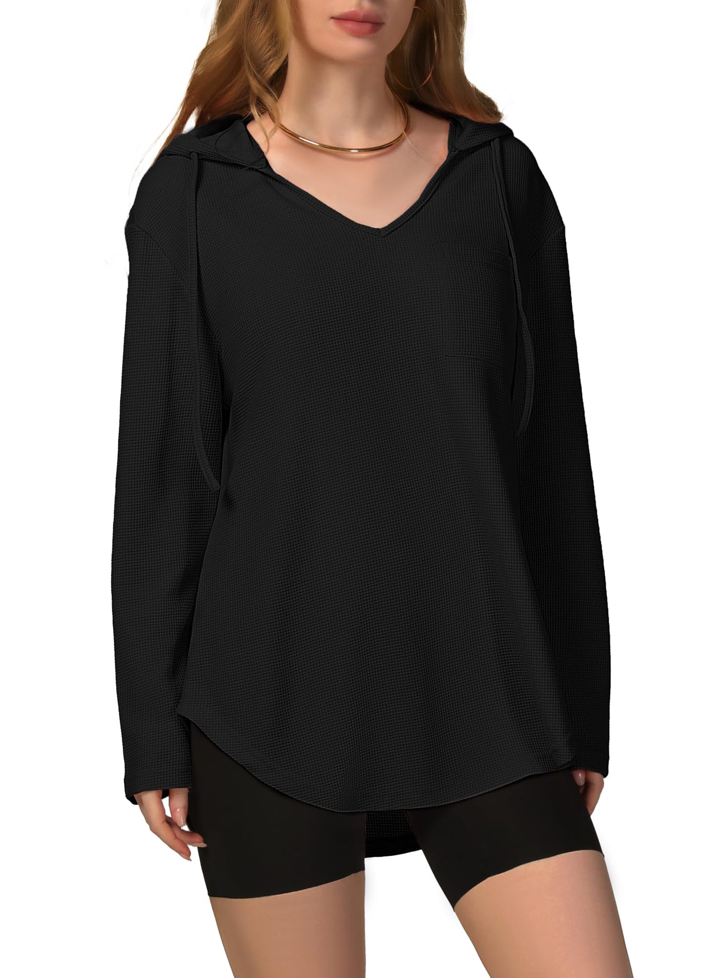 Minimalist Black Women's V Neck, Waffle Weave, Long Sleeve Pullover