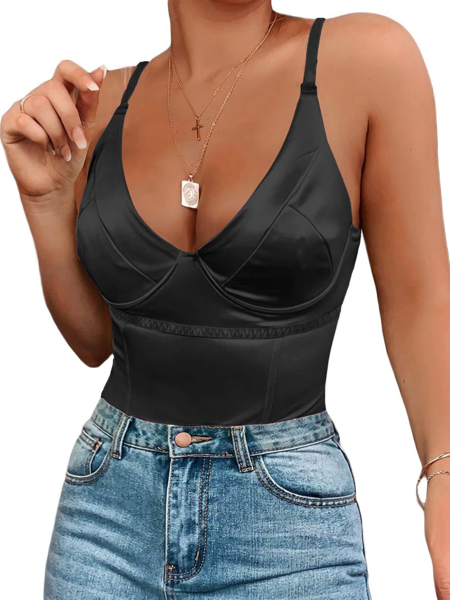 Minimalist Black V Neck Satin Bodysuit