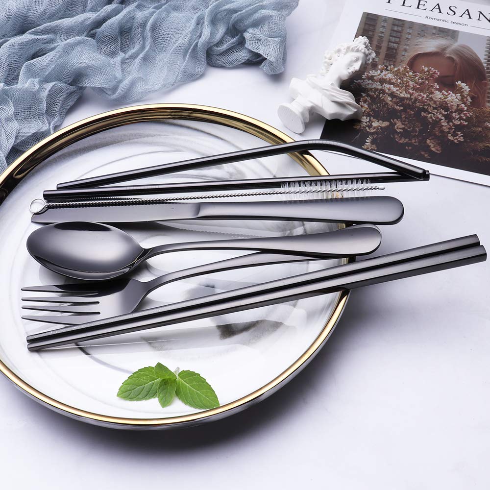 Minimalist Black Portable Stainless Steel Flatware Set w/Waterproof Case