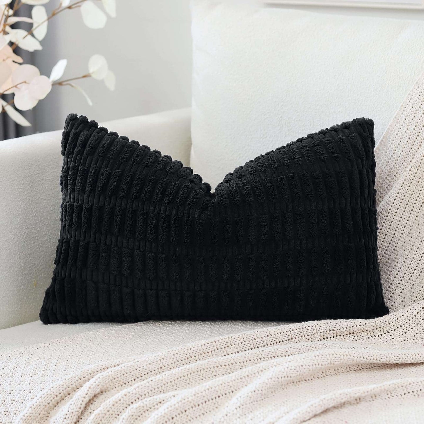 Minimalist Black Corduroy Throw Pillow Covers 16" x 24"