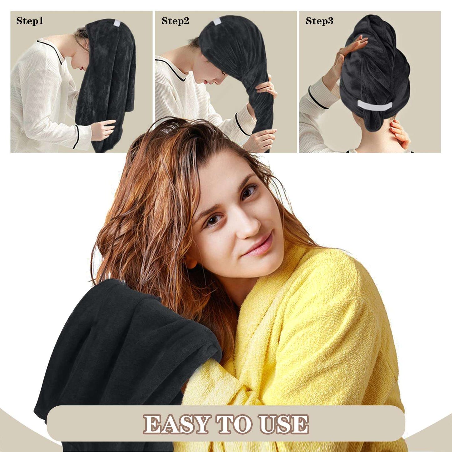 Minimalist Black Microfibre Hair Towel Wrap, 20"x40", Set of 2