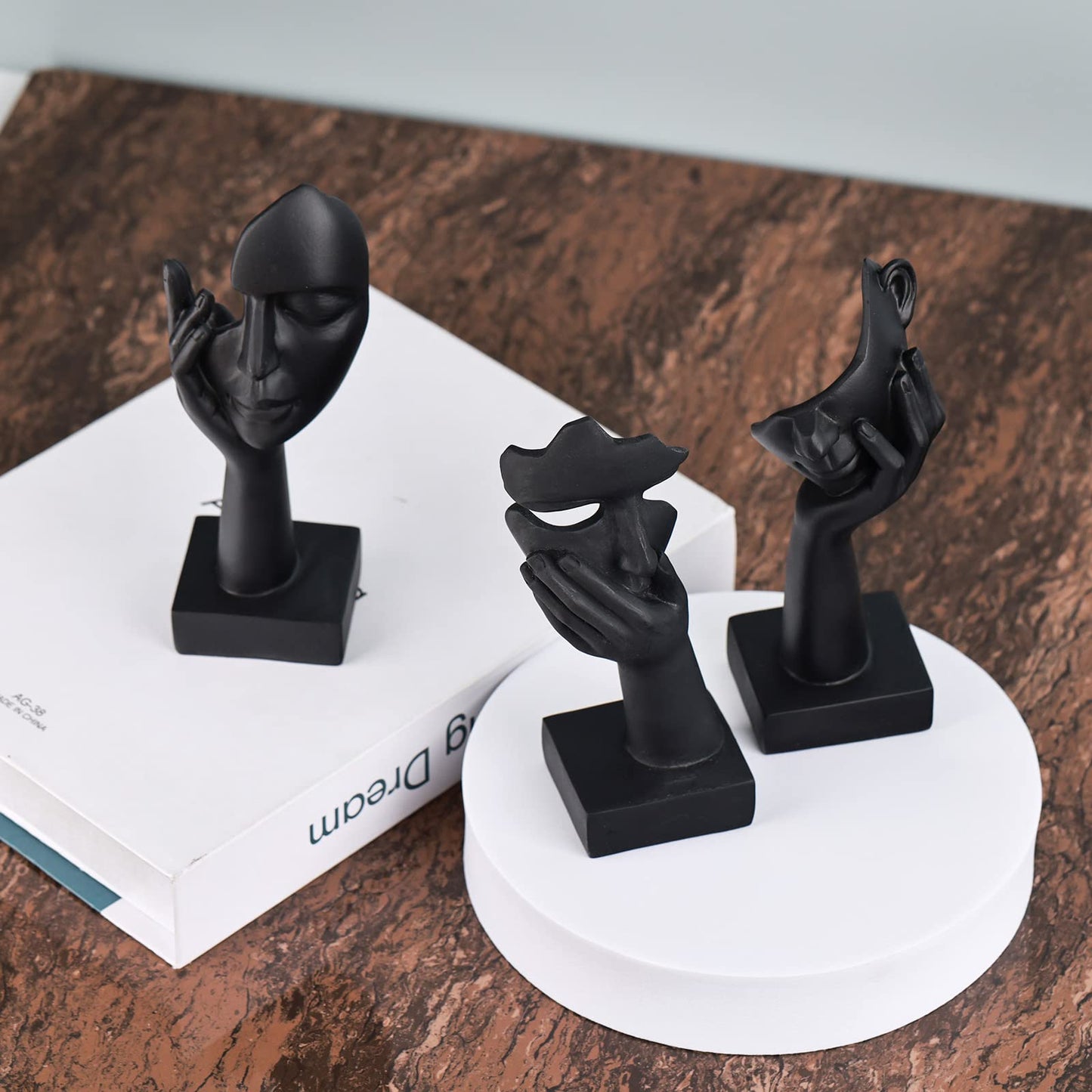 Minimalist Black Home Decor Accent Face Statue, 3 Pc Set