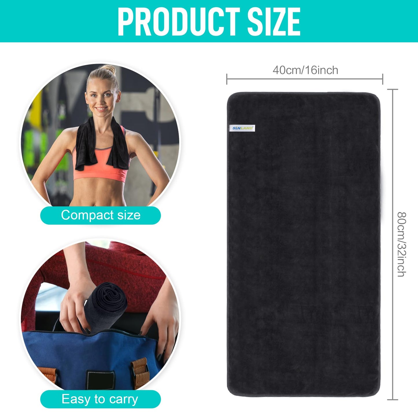 SINLAND Multi-Purpose Microfiber Fast Drying Travel Gym Towels 3-Pack 16 Inch X 32 Inch (Black)