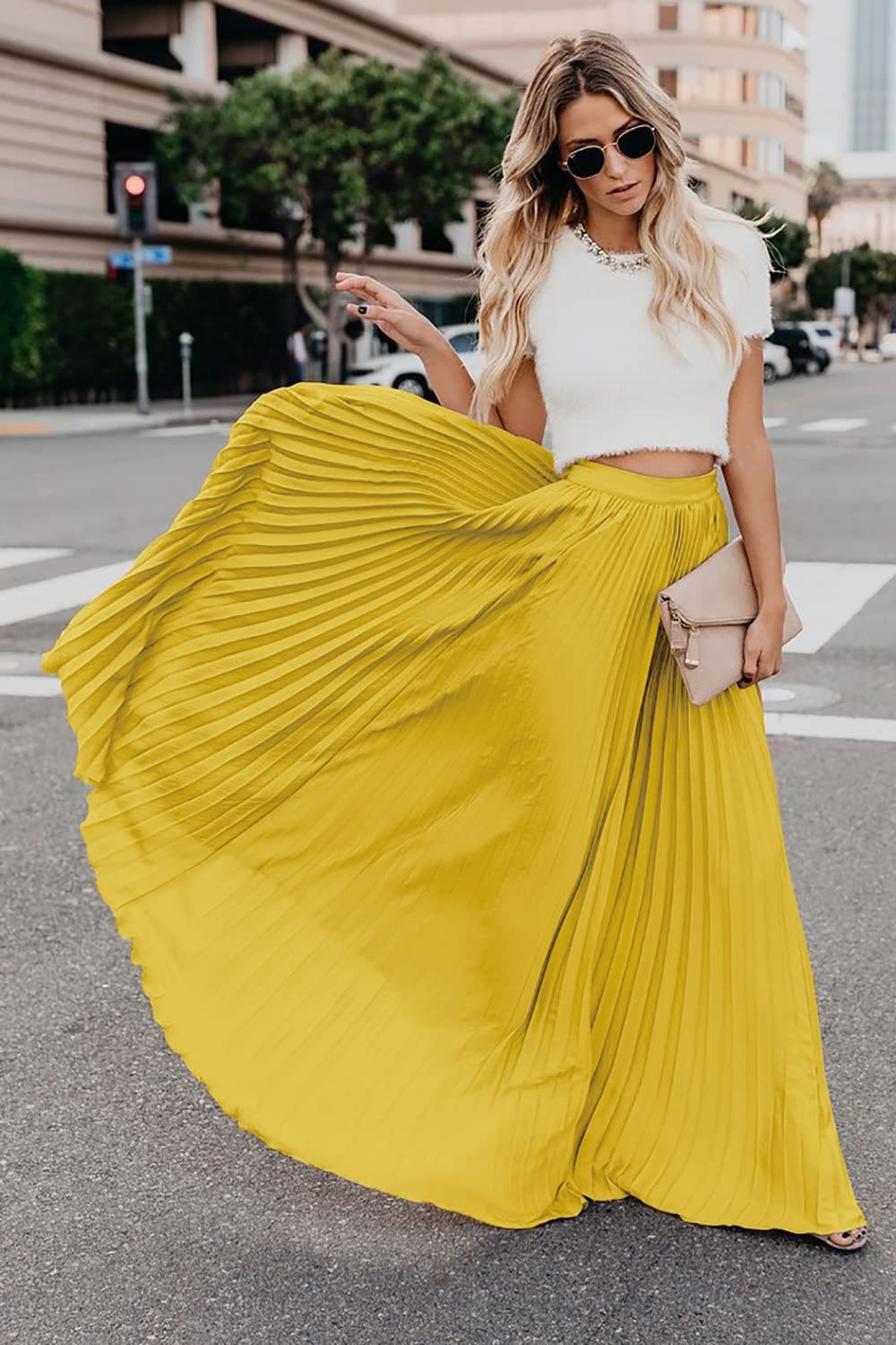 Minimalist Bright Yellow Women's High Waist Flowy Pleated Chiffon Maxi Skirt