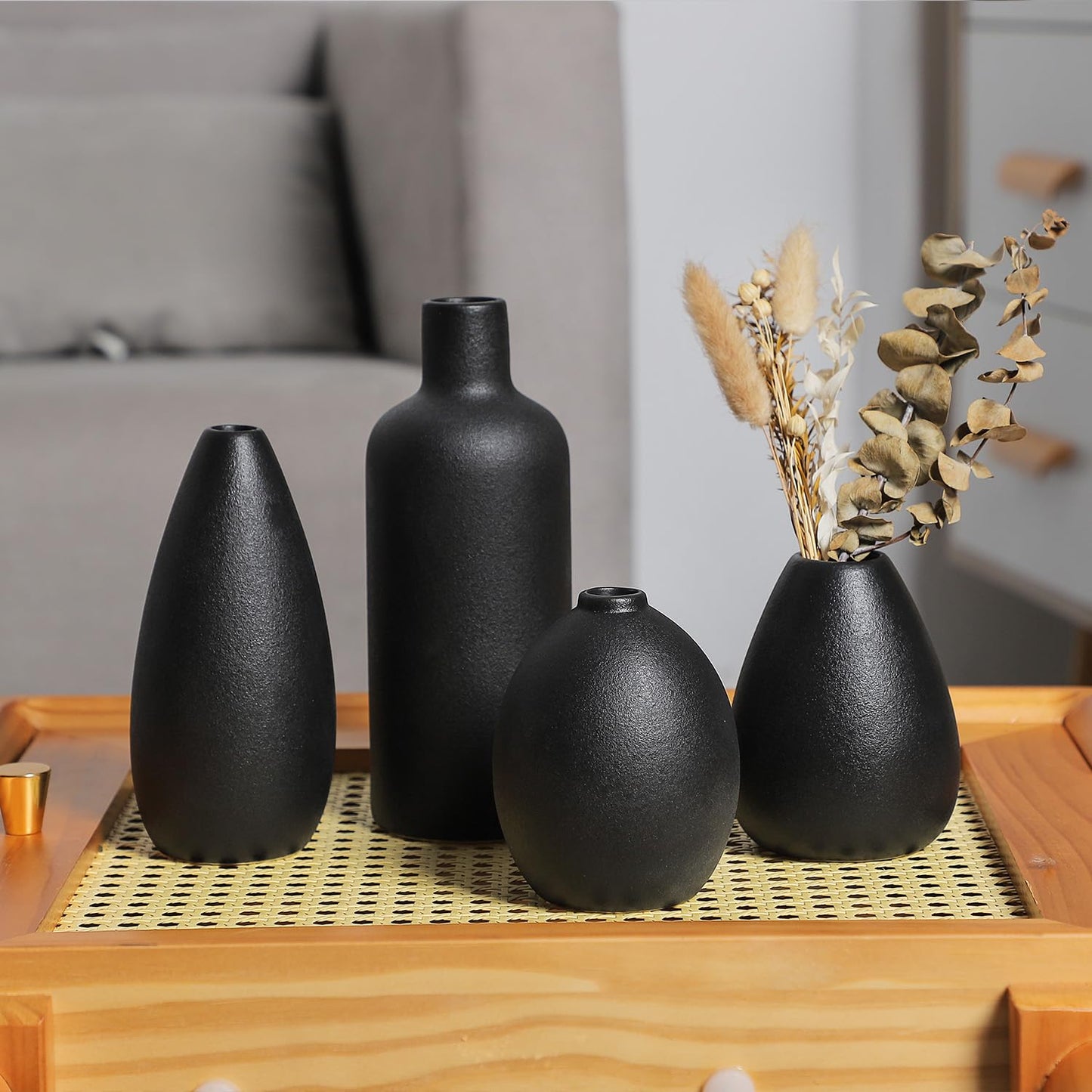 Minimalist Black Ceramic Vases for Flowers, Centerpieces, Dining Room, Office, Bedroom Entryway Table, Bookshelf, Set of 4