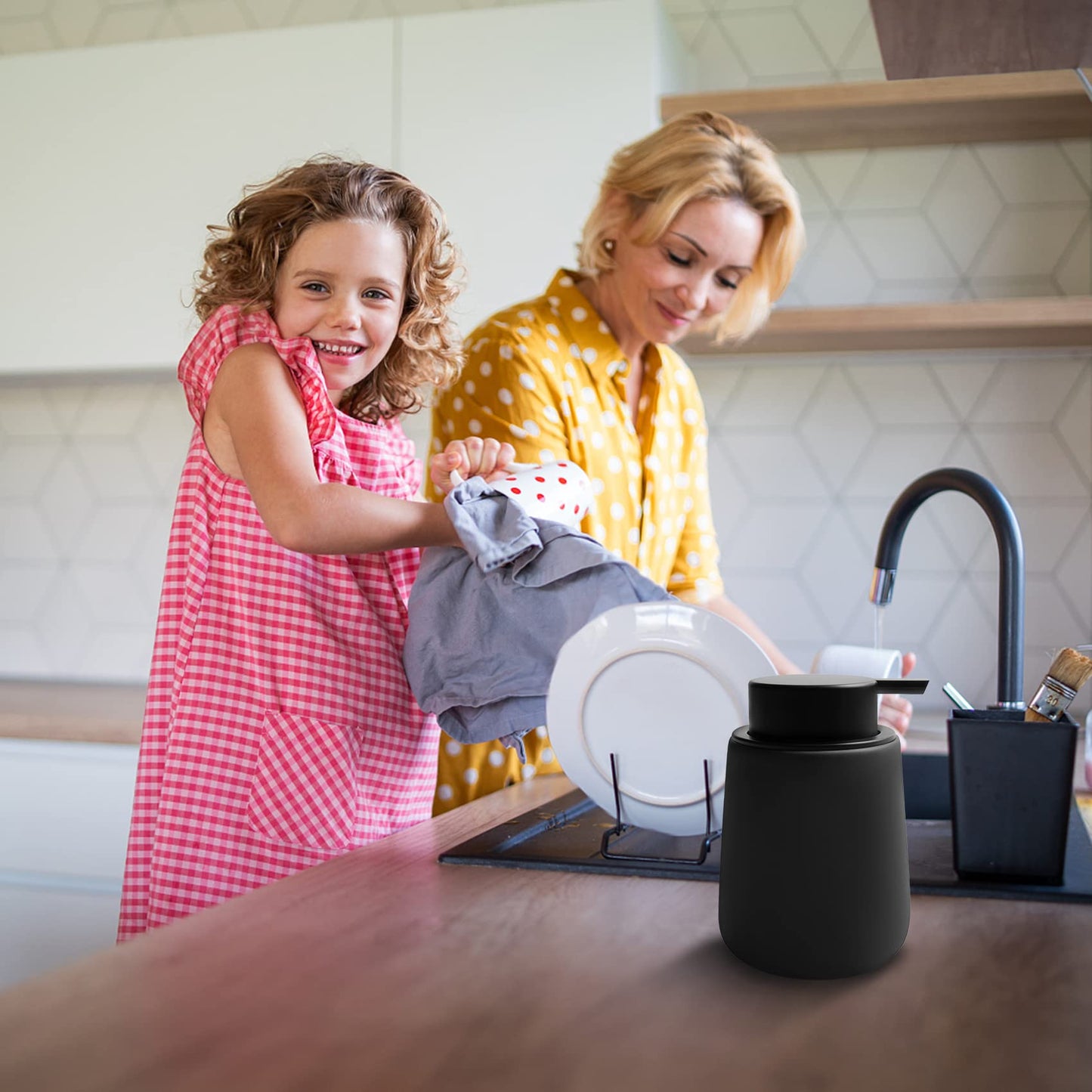 Minimalist Black Ceramic Liquid Dispenser with Easy-to-Press Pump, 12 oz