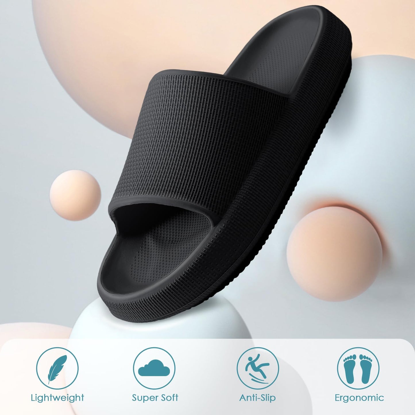 Minimalist Black Super Soft Pillow Cloud Slippers w/Anti-skid Sole
