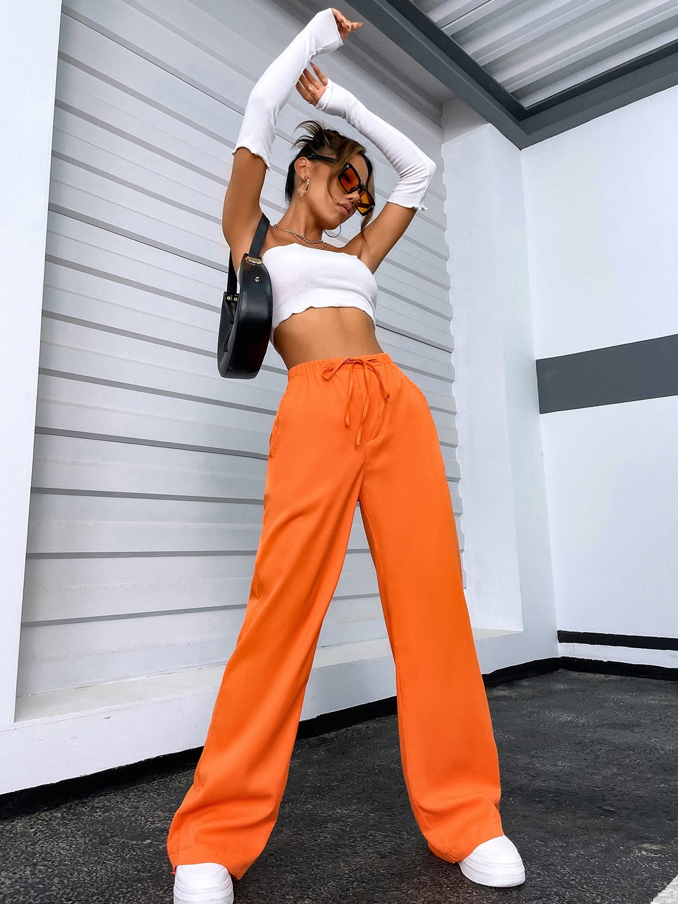 Minimalist Orange Casual Tie Front Elastic High Waisted Women's Cargo Pants, Trousers