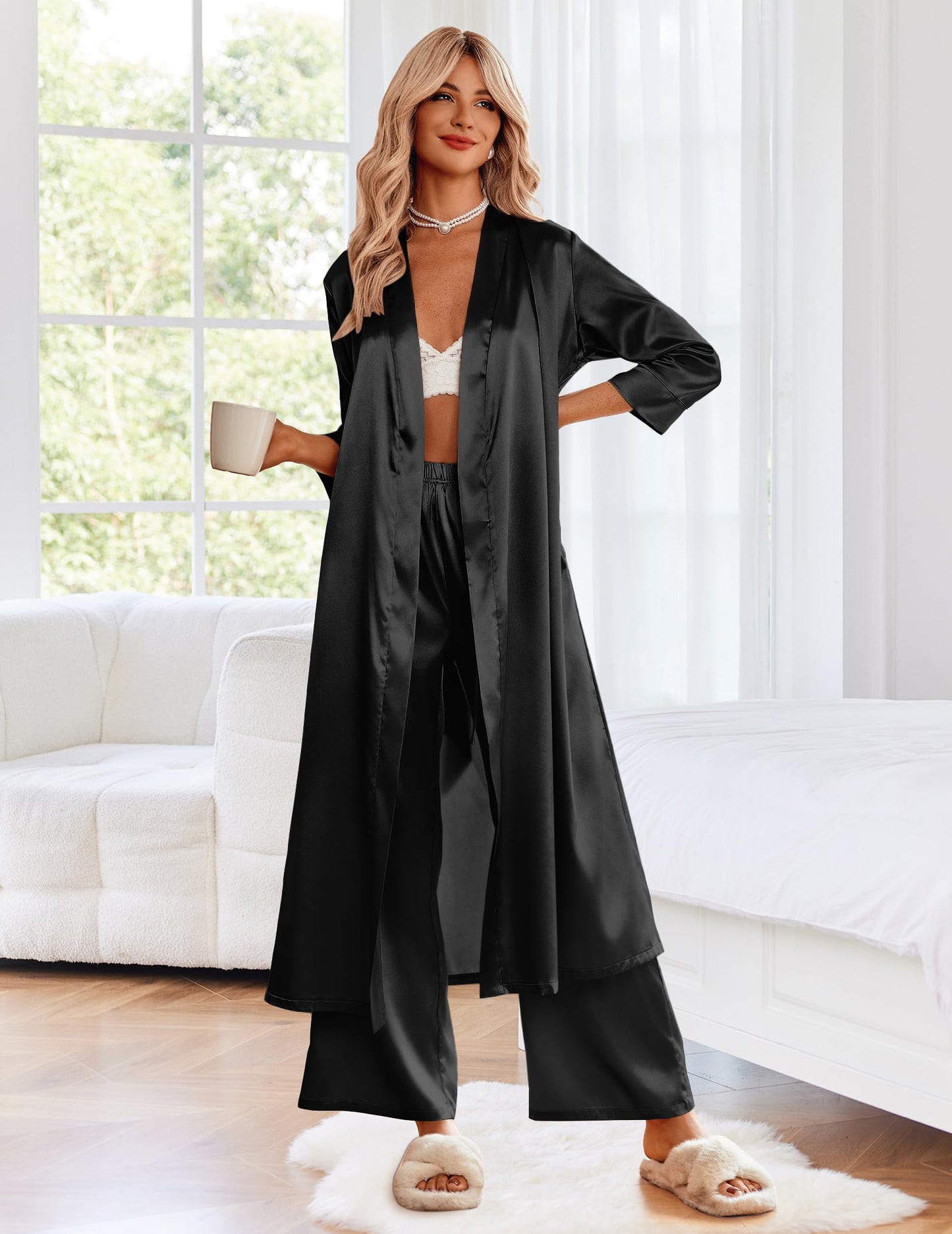 Minimalist Black Women's Silk Satin Bathrobe, Loungewear