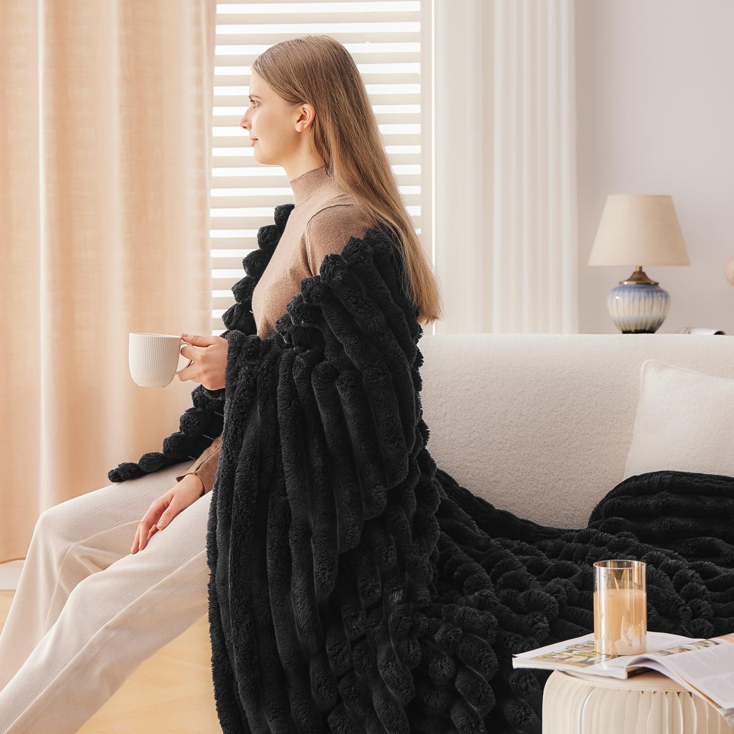 Minimalist Black Premium Ribbed Fleece Throw, King Size, 90"x110"