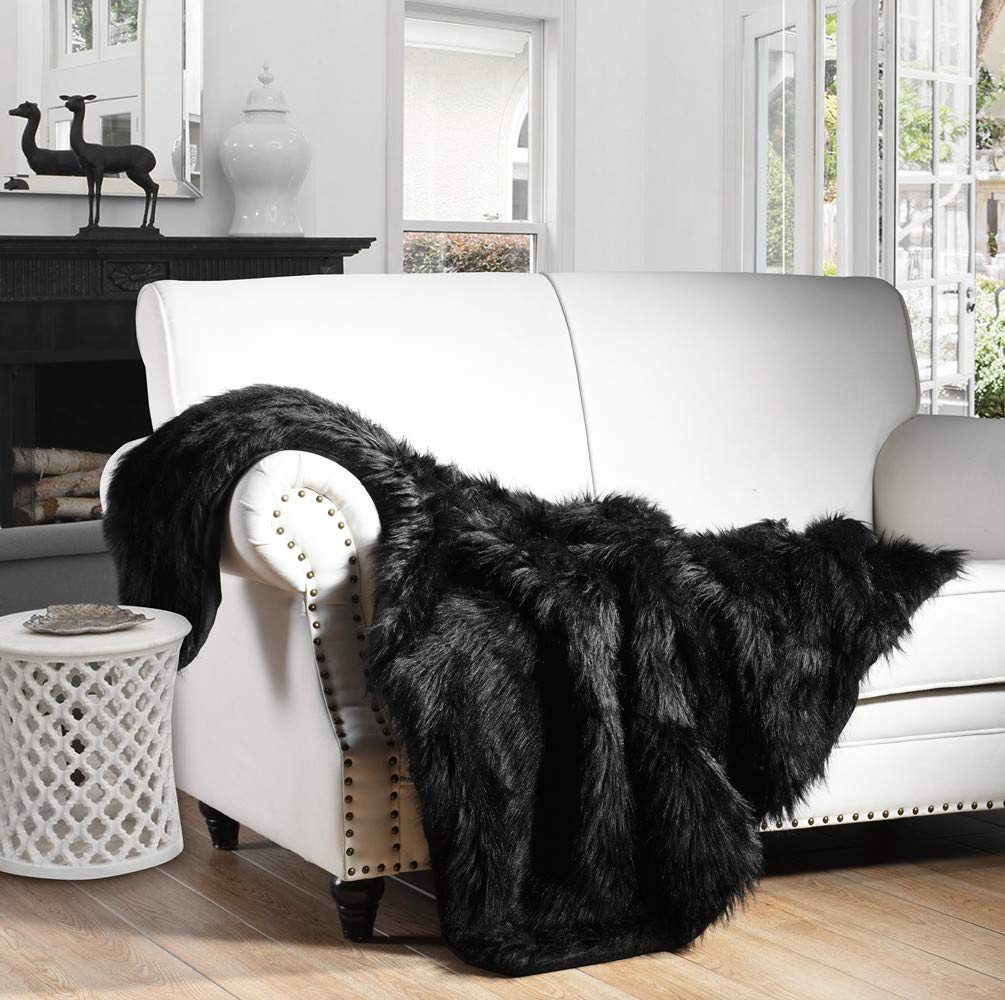 Minimalist Black Luxury Plush Faux Fur Throw Blanket, Long Pile, 50''x60''