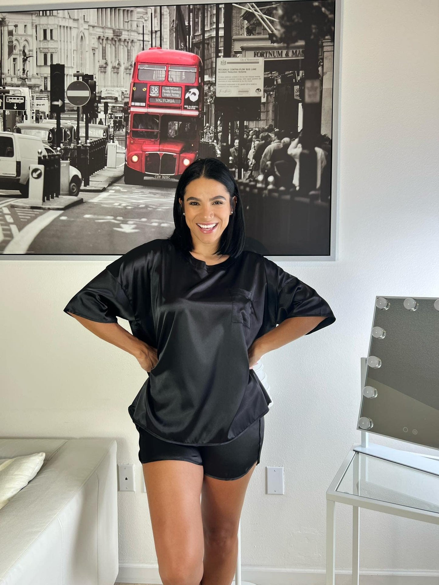 Minimalist Black Satin Women's Pyjama, Loungewear Short Sleeve and Shorts, 2 Piece Set