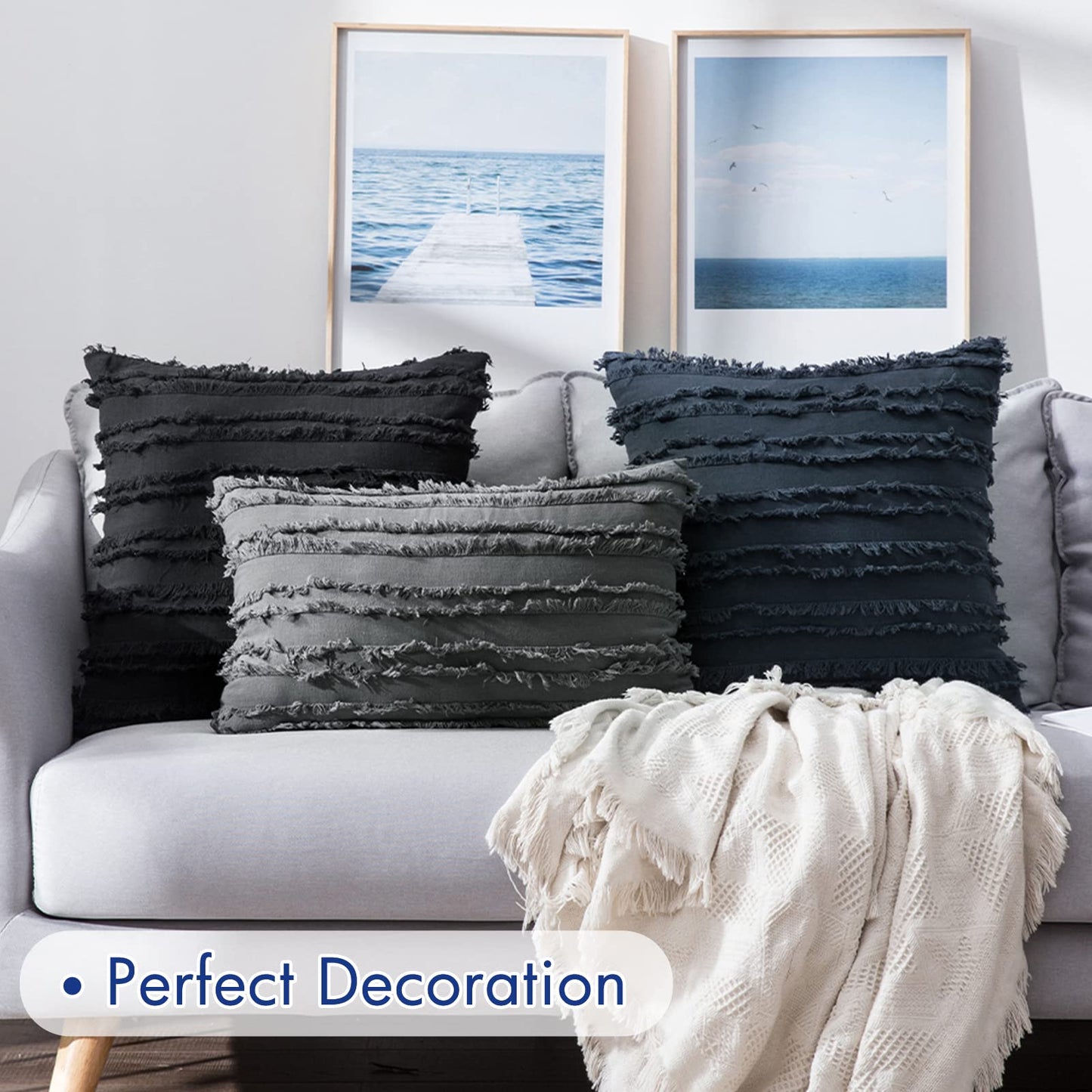 Minimalist Black Boho Throw Pillow Covers, Striped Jacquard Pattern 18"x18", Set of 2