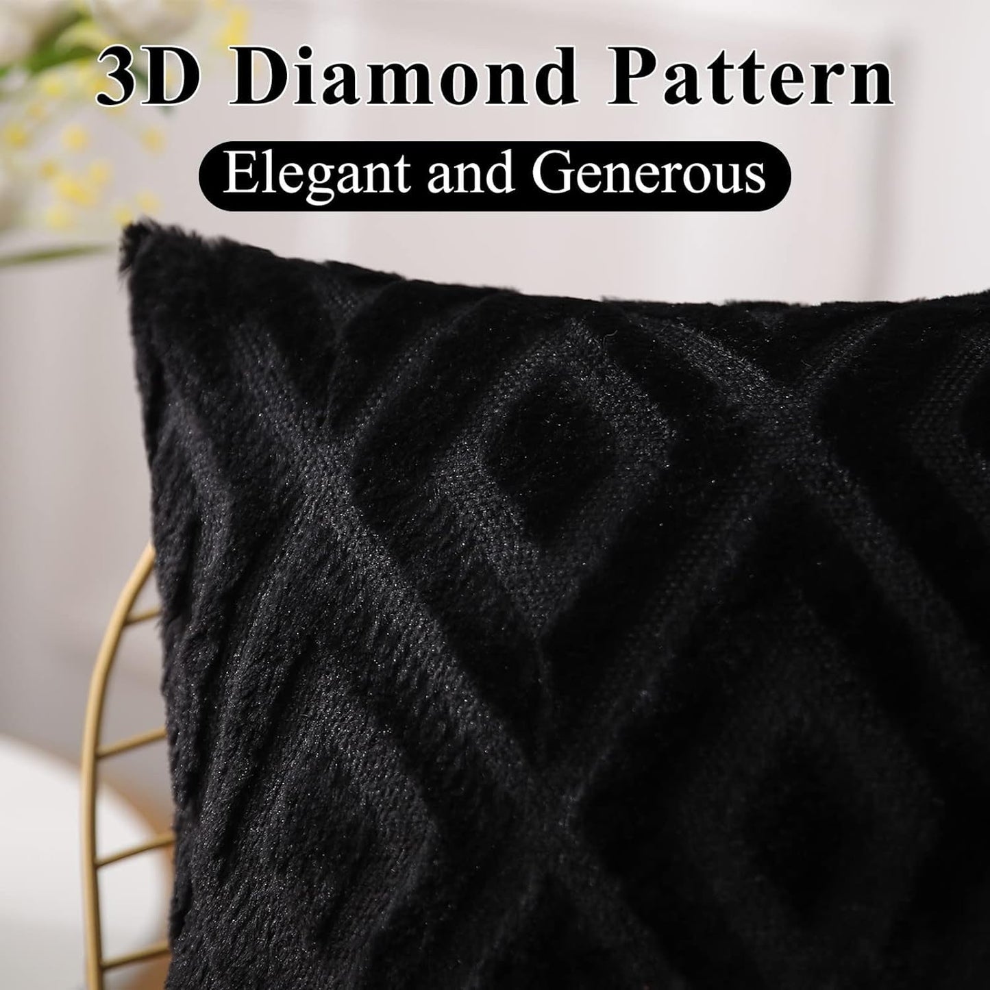 Minimalist Black Plush Faux Fur + Velvet Throw Pillow Covers 18" x 18", 2pcs