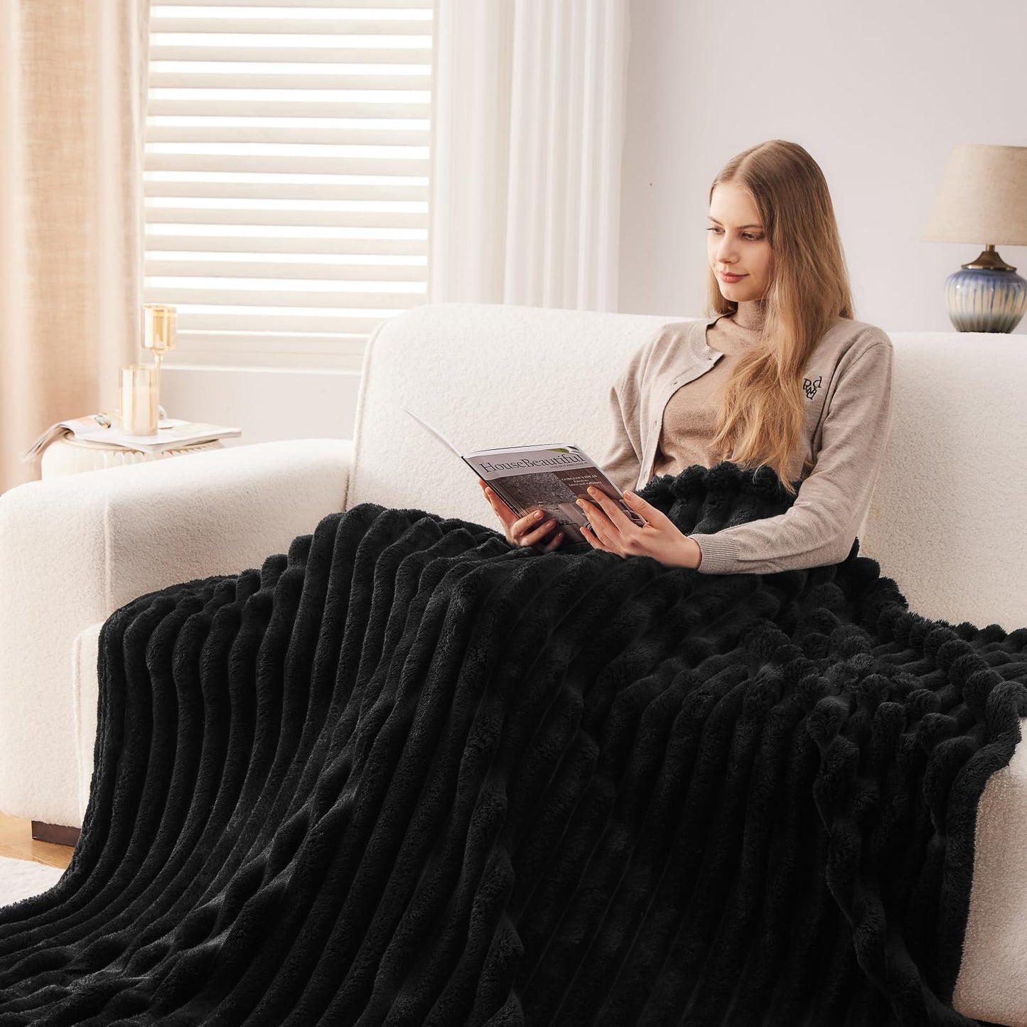 Minimalist Black Premium Ribbed Fleece Throw, King Size, 90"x110"