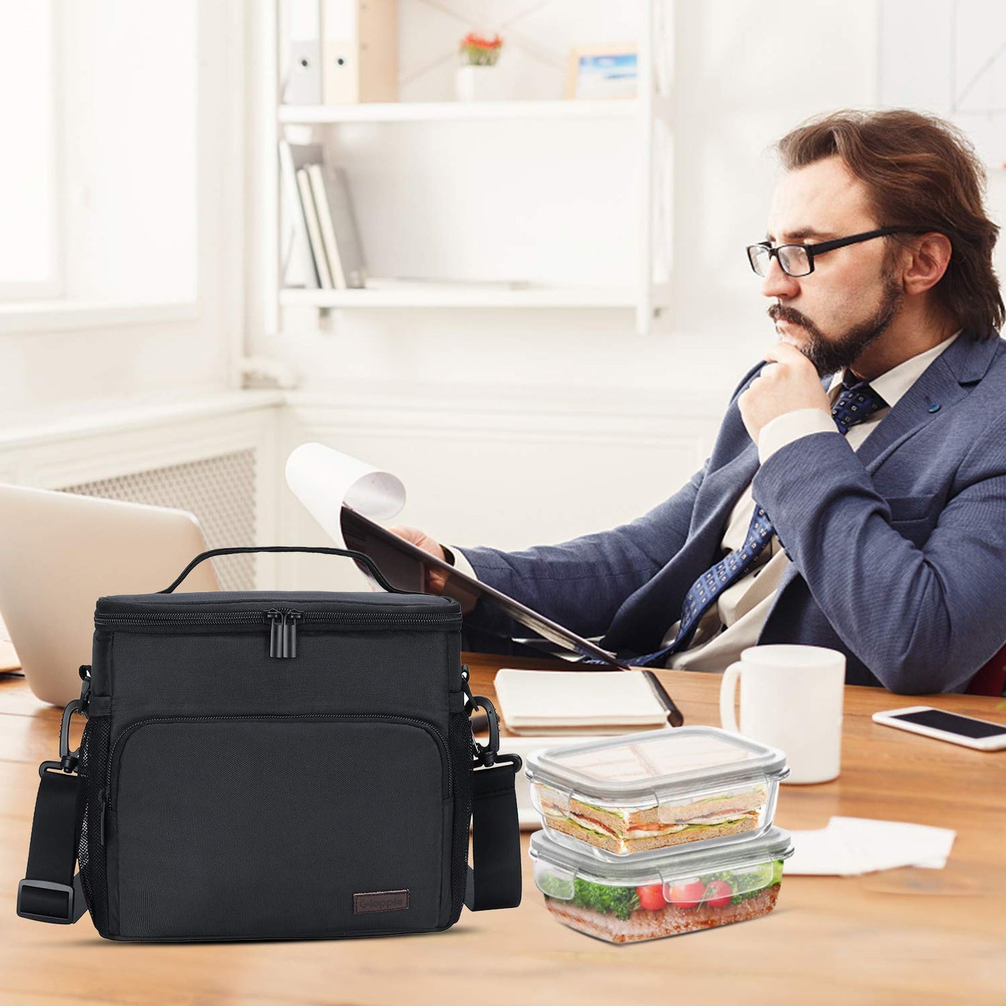 Gloppie Lunch Bag for Men (10L) Lunch Box Bag Women Leakproof Lunch Cooler Bag Black Reusable Lunchbag Insulated Bag for Bento Box Kids Lunch Box Meal Prep Containers Insulation Bag, Classic Black