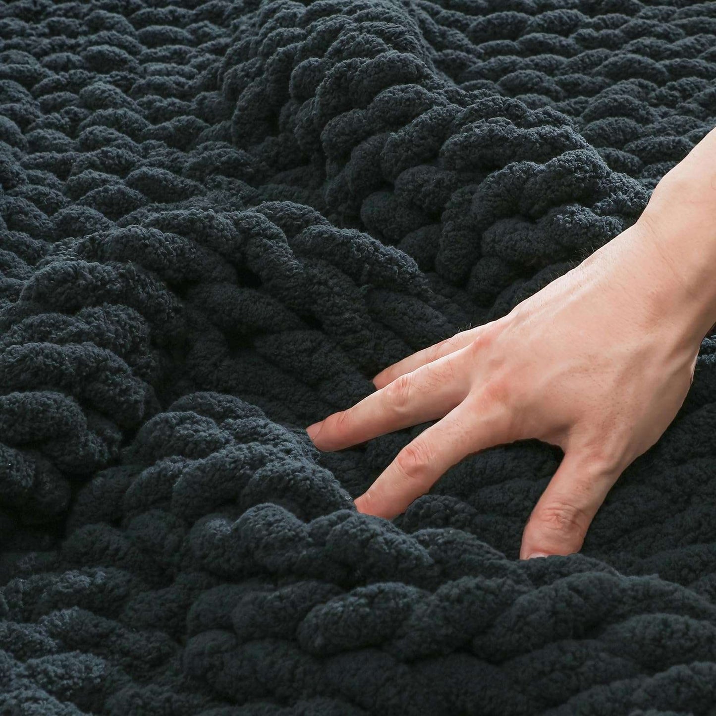 Minimalist Black Chunky Knit Jumbo Chenille Throw 51"x63", 100% Hand Knitted