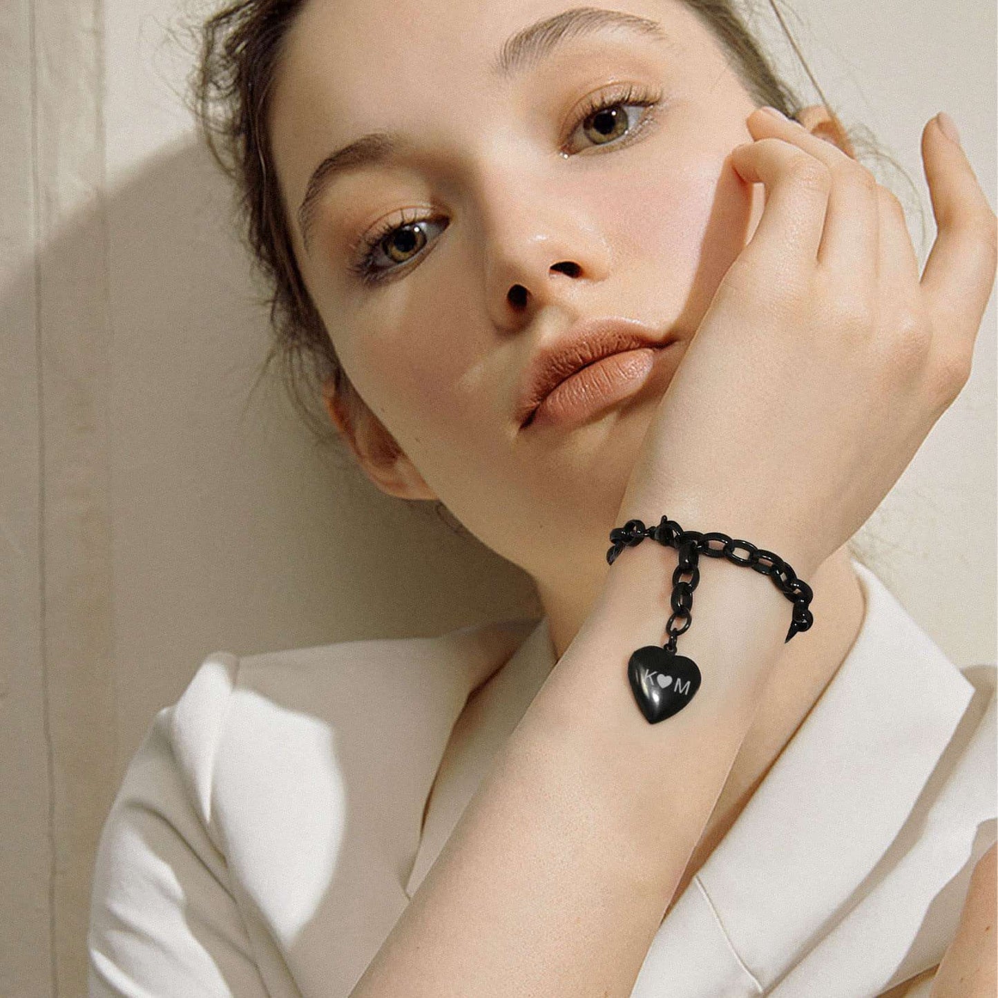 Minimalist Black Link Heart Charm Bracelet